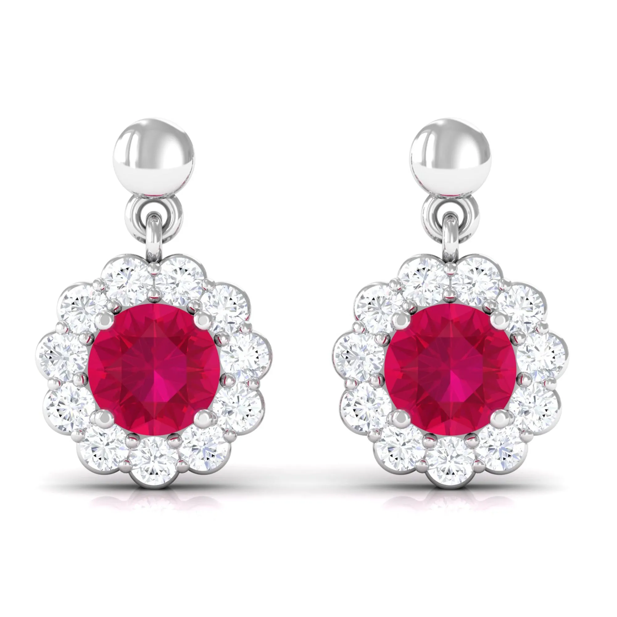 Natural Ruby Flower Drop Earrings with Diamond Halo