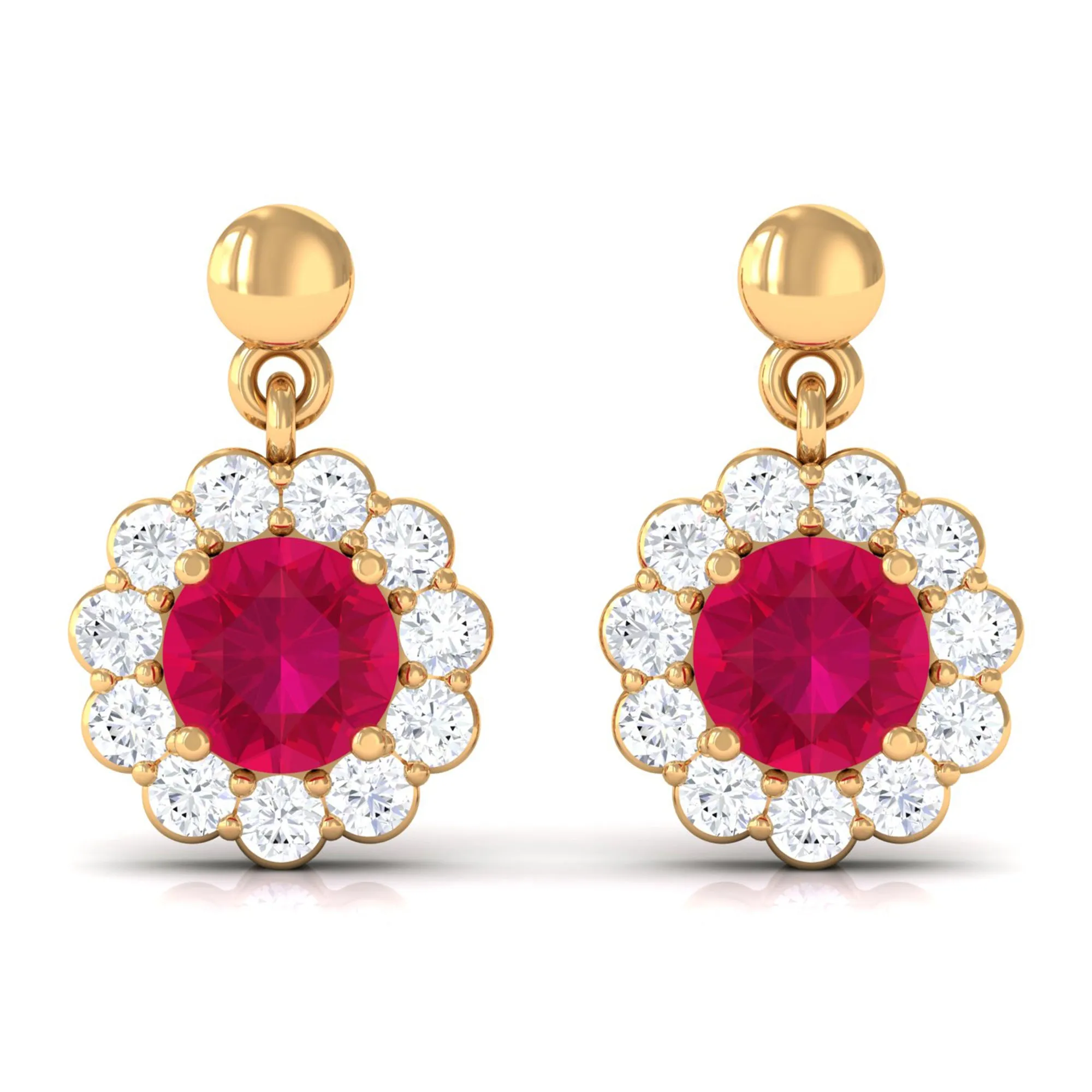 Natural Ruby Flower Drop Earrings with Diamond Halo