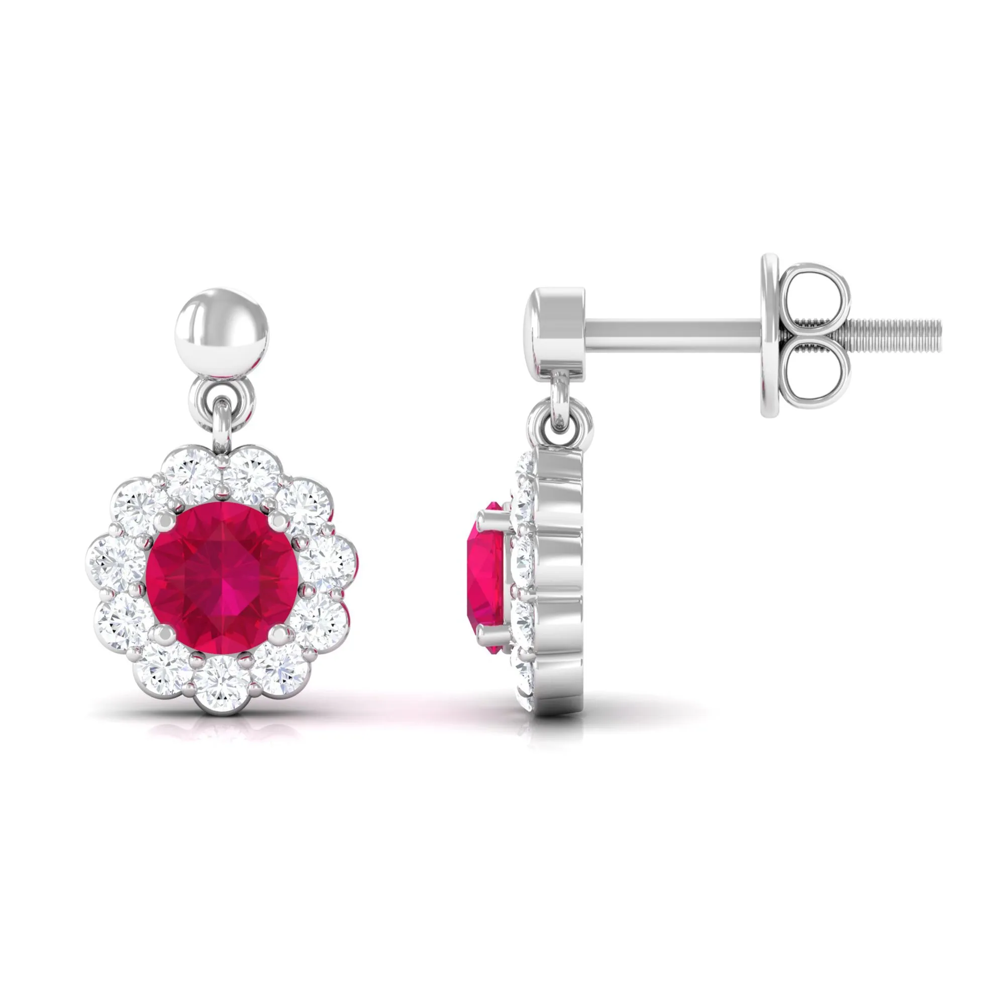 Natural Ruby Flower Drop Earrings with Diamond Halo