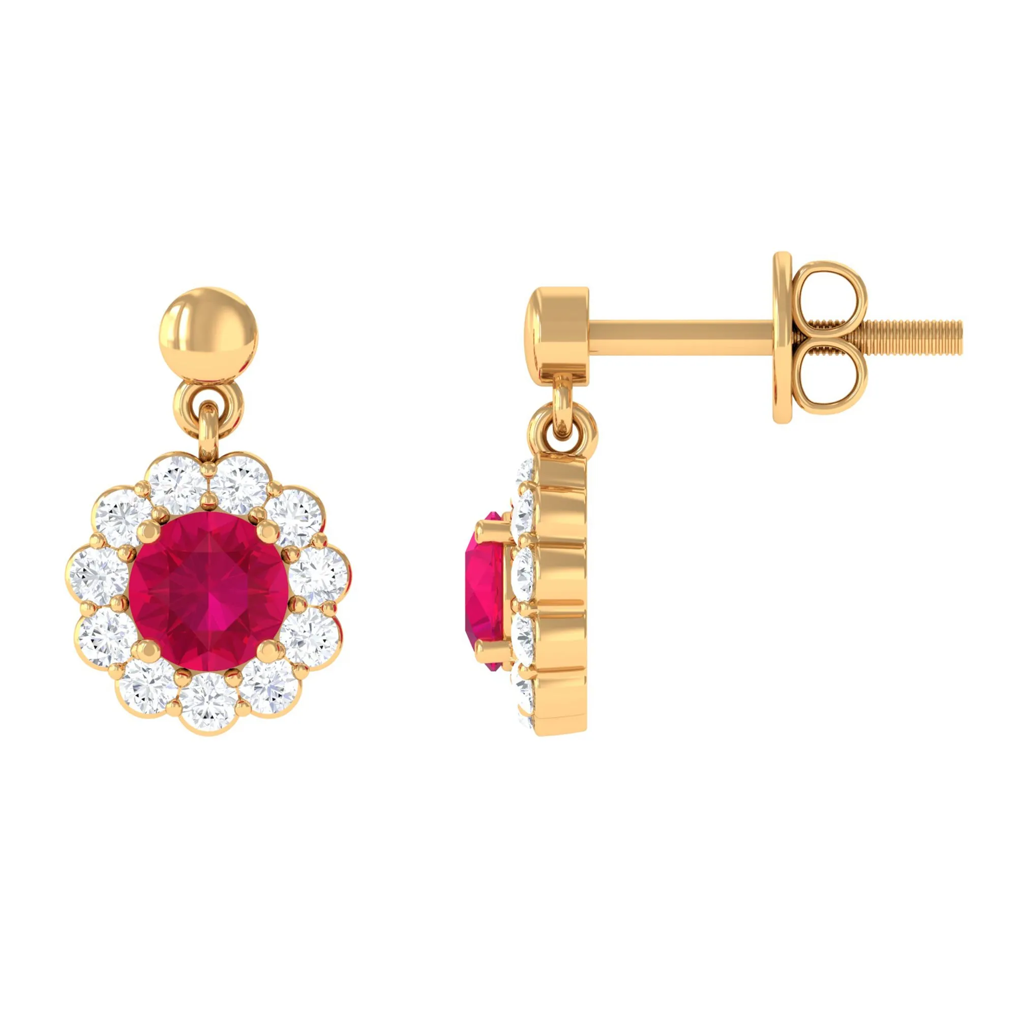 Natural Ruby Flower Drop Earrings with Diamond Halo