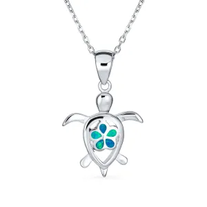 Nautical Plumeria Flower Blue Opal Sea Turtle Pendant Necklace Sterling Silver