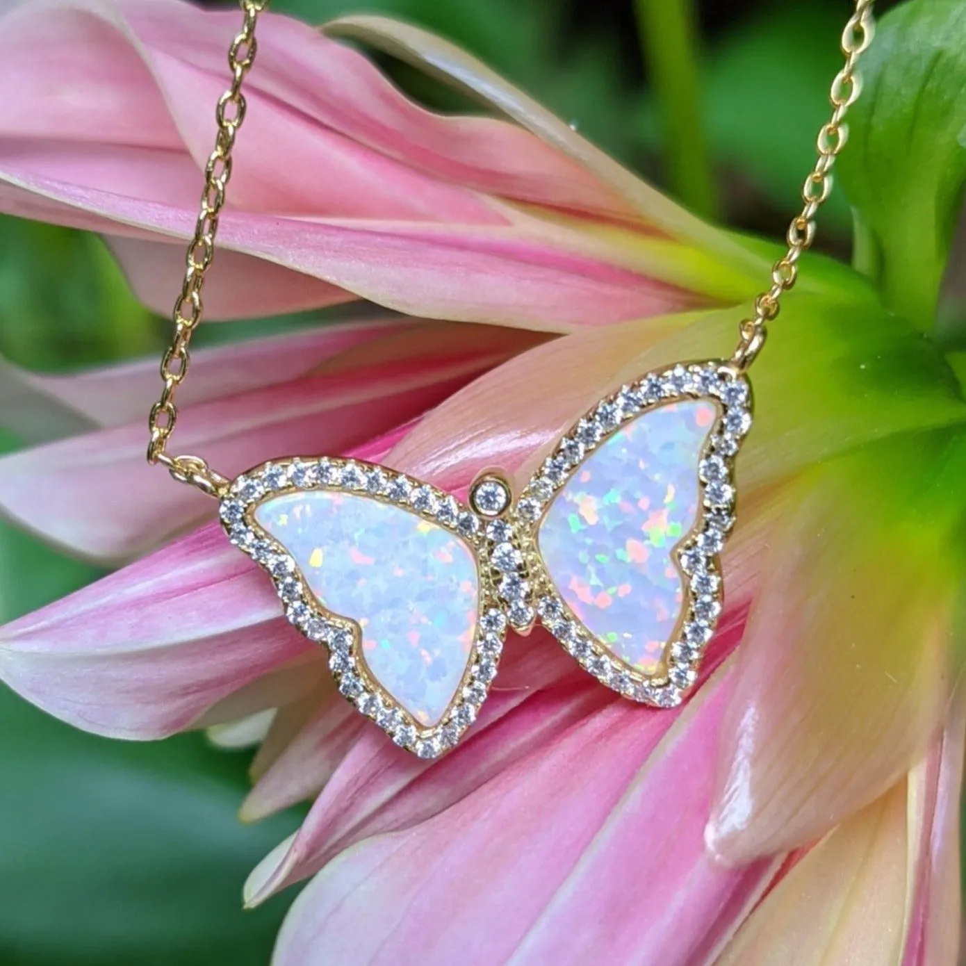 Opal Butterfly Necklace With Crystals