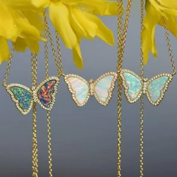 Opal Butterfly Necklace With Crystals