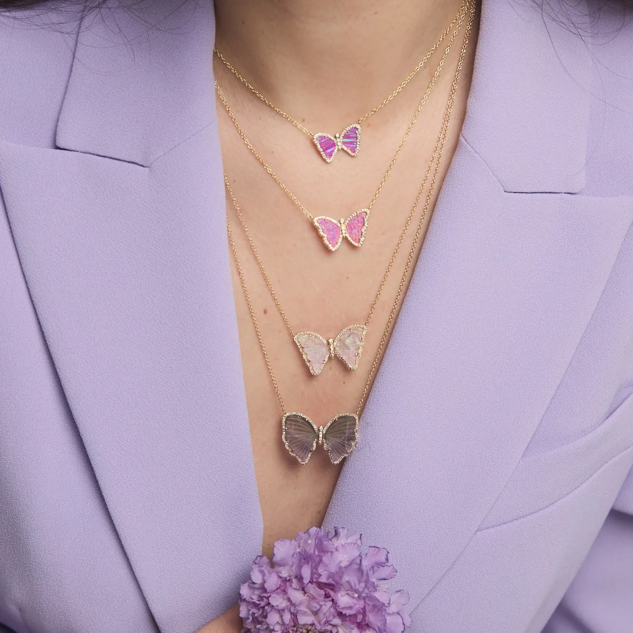 Opal Butterfly Necklace With Crystals