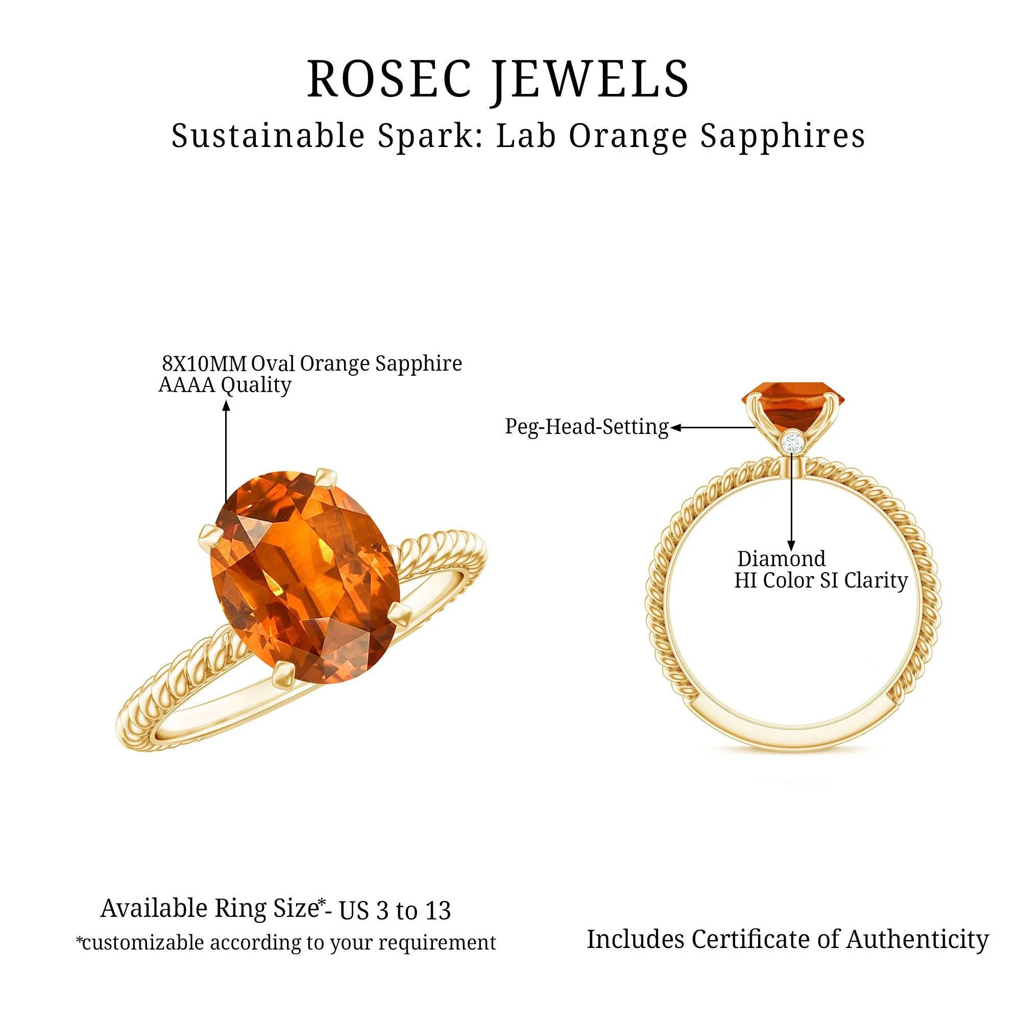 Oval Solitaire Created Orange Sapphire Ring with Surprise Diamond