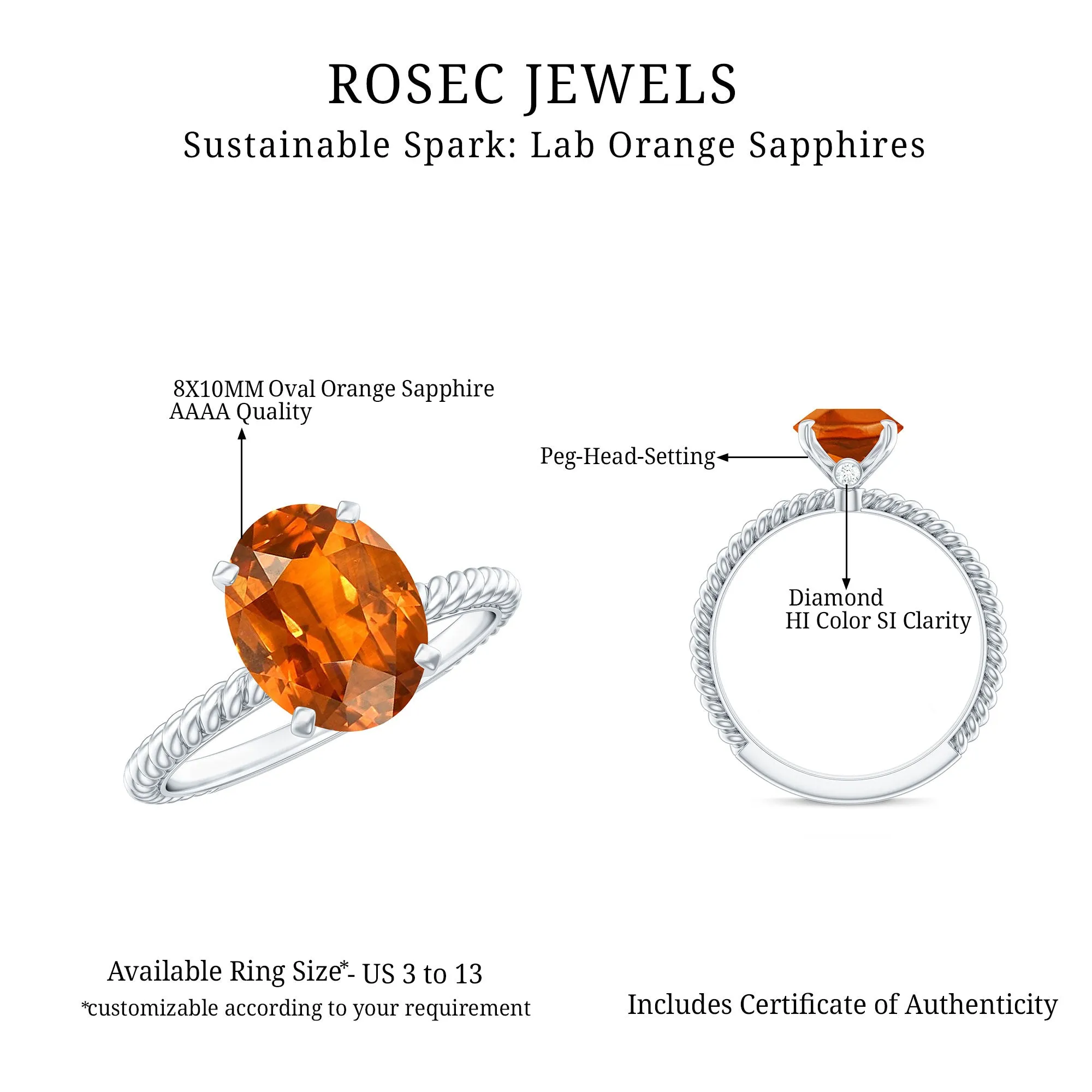 Oval Solitaire Created Orange Sapphire Ring with Surprise Diamond