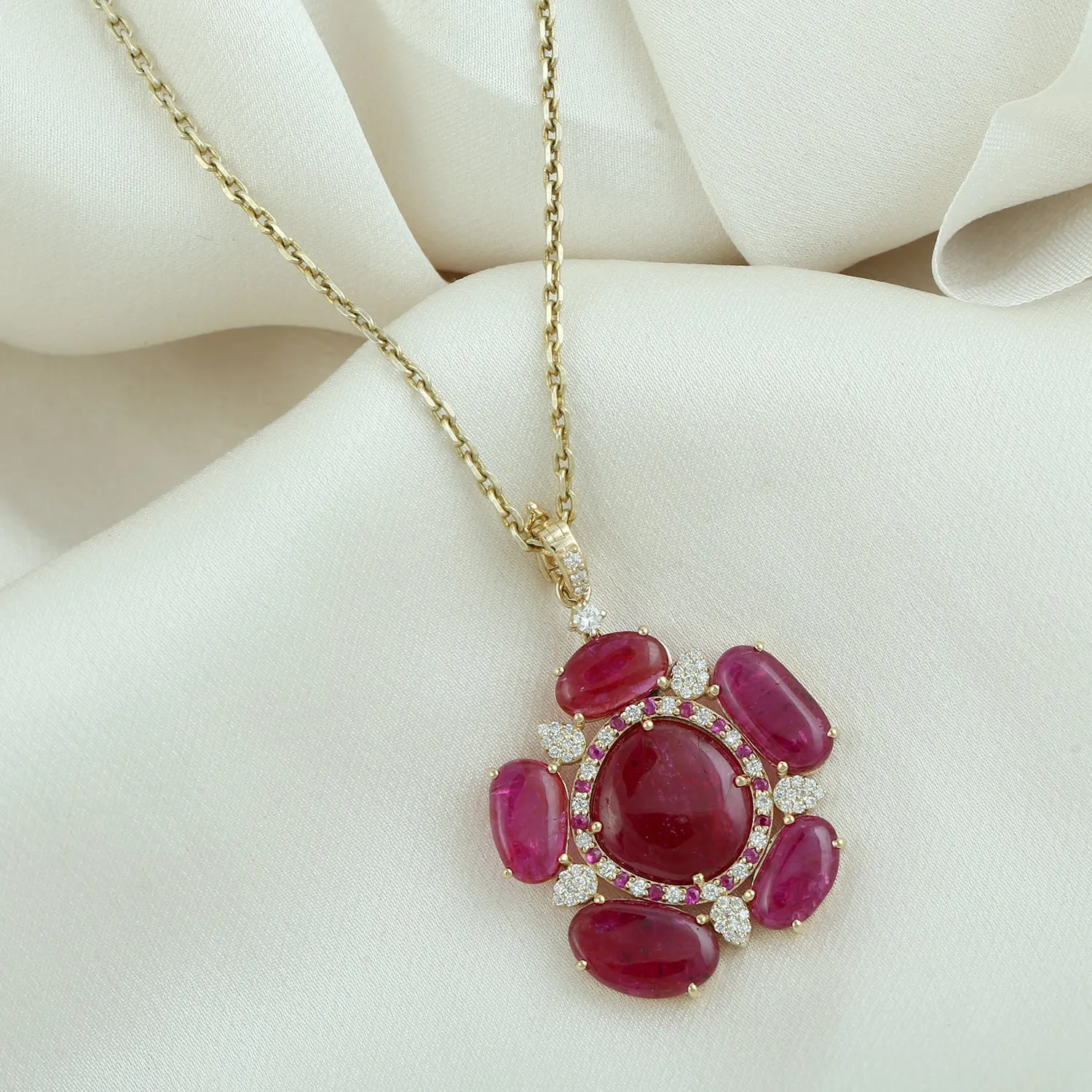 Pave Diamond Ruby Daisy Design Pendant In 18k Yellow Gold For Women