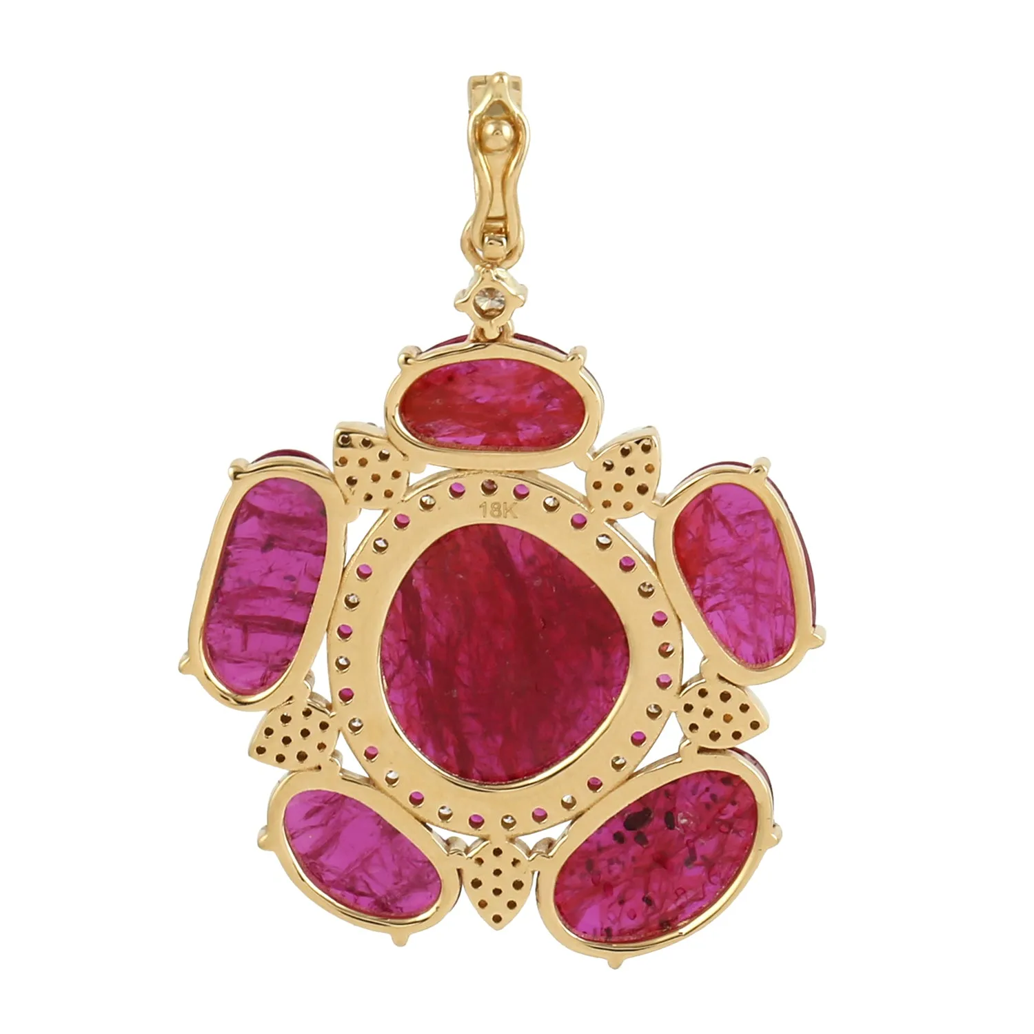 Pave Diamond Ruby Daisy Design Pendant In 18k Yellow Gold For Women