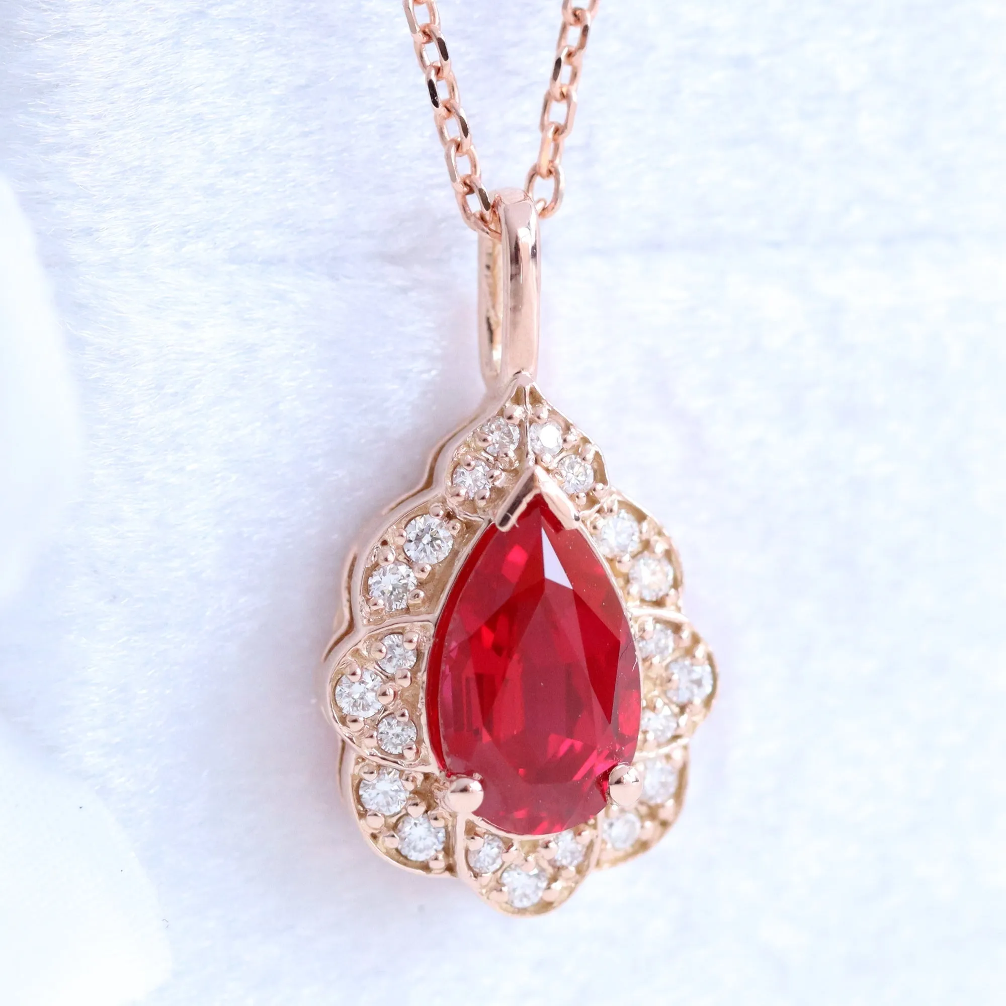 Pear Ruby Diamond Necklace in 14k Gold Vintage Floral Halo Pendant