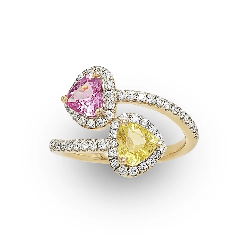 Pink and Yellow Heart-shaped Sapphire Diamond Ring