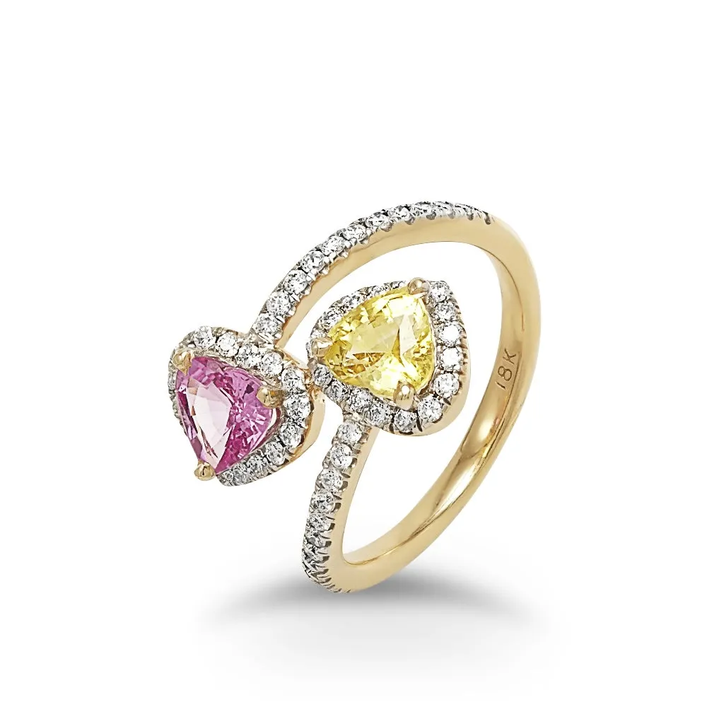 Pink and Yellow Heart-shaped Sapphire Diamond Ring