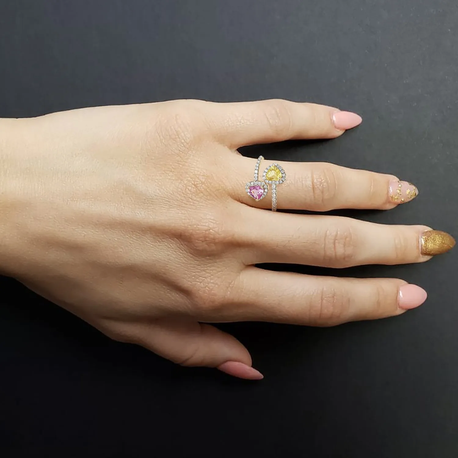 Pink and Yellow Heart-shaped Sapphire Diamond Ring