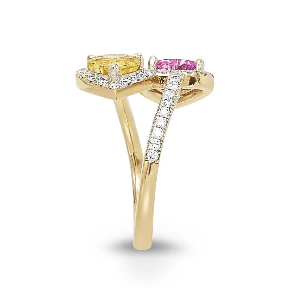 Pink and Yellow Heart-shaped Sapphire Diamond Ring