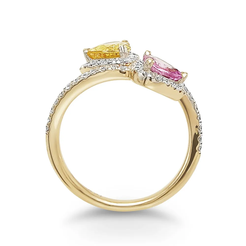 Pink and Yellow Heart-shaped Sapphire Diamond Ring