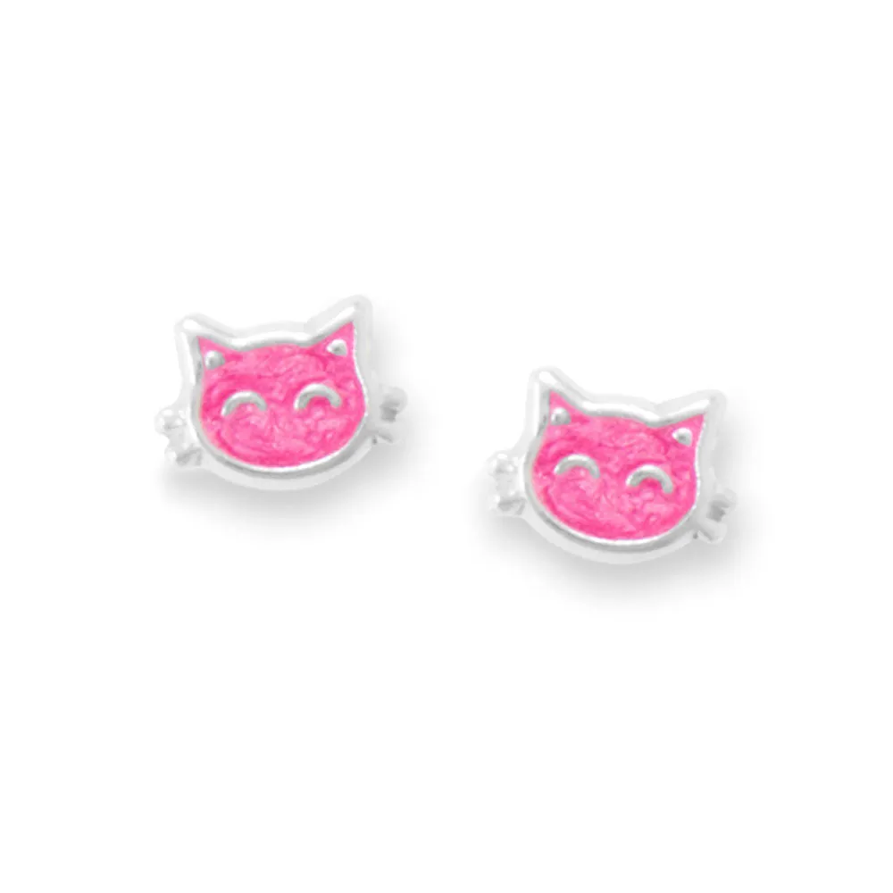 Pink Enamel Kitty Cat Face Stud Earrings