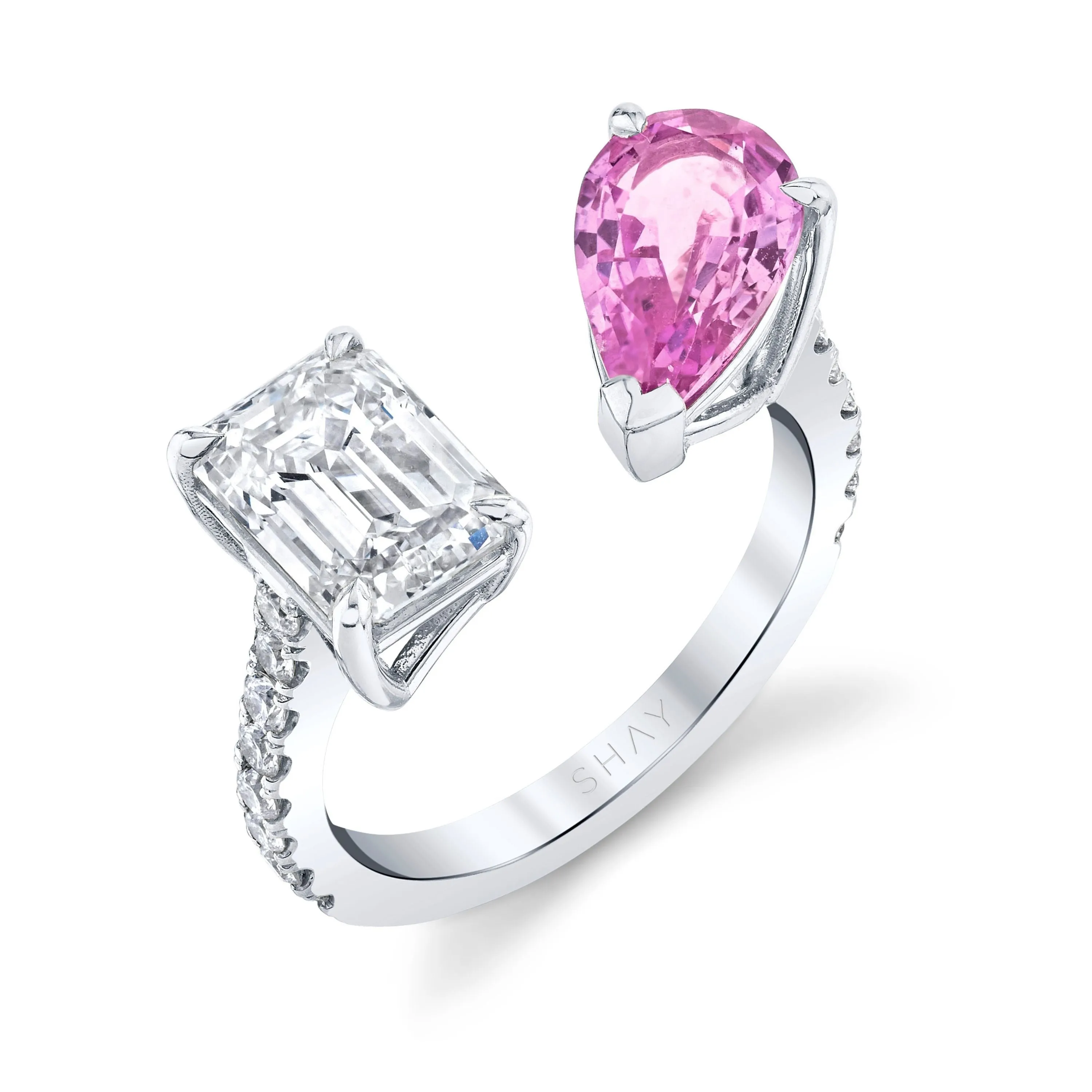 PINK SAPPHIRE PEAR & DIAMOND EMERALD TWIN RING