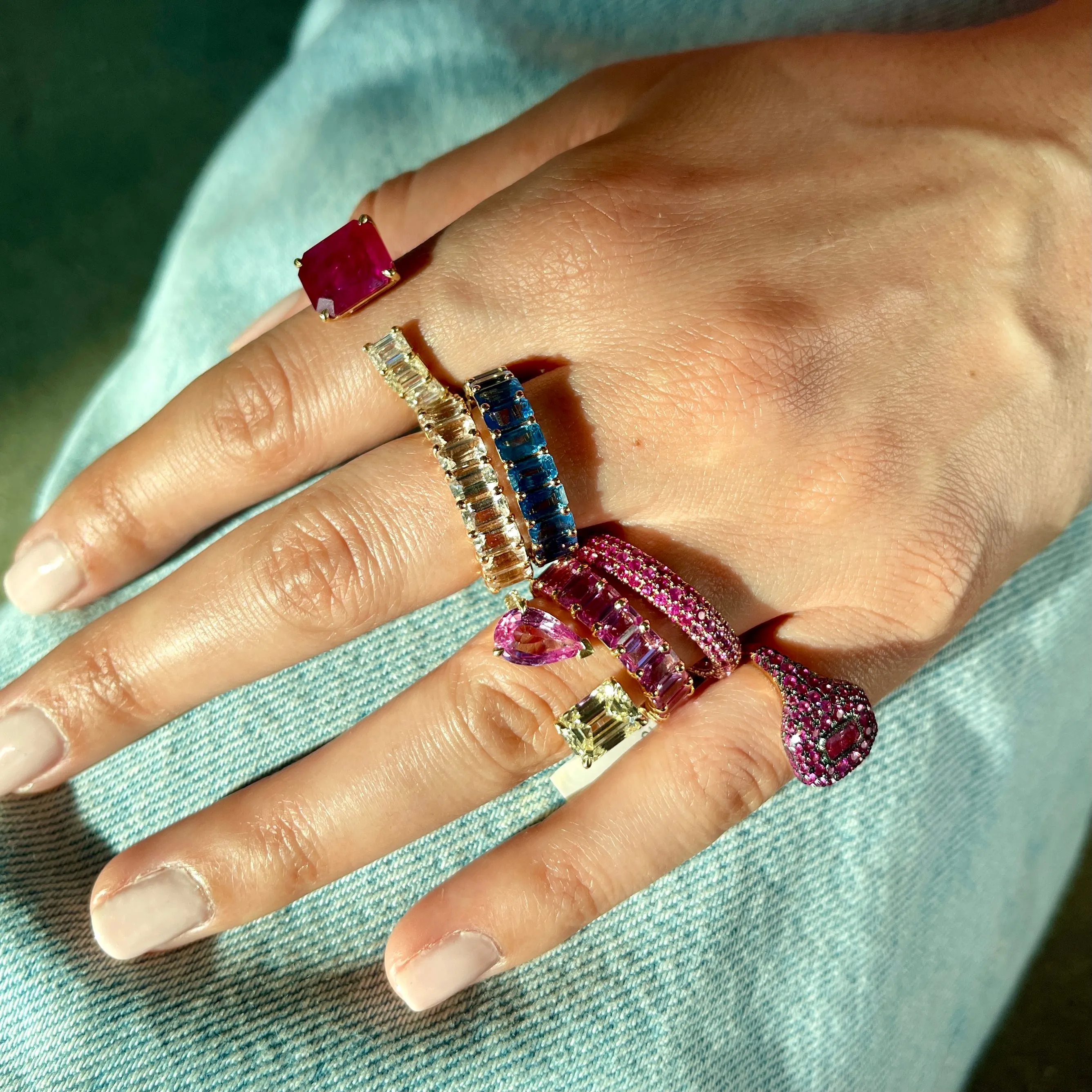 PINK SAPPHIRE PEAR & DIAMOND EMERALD TWIN RING