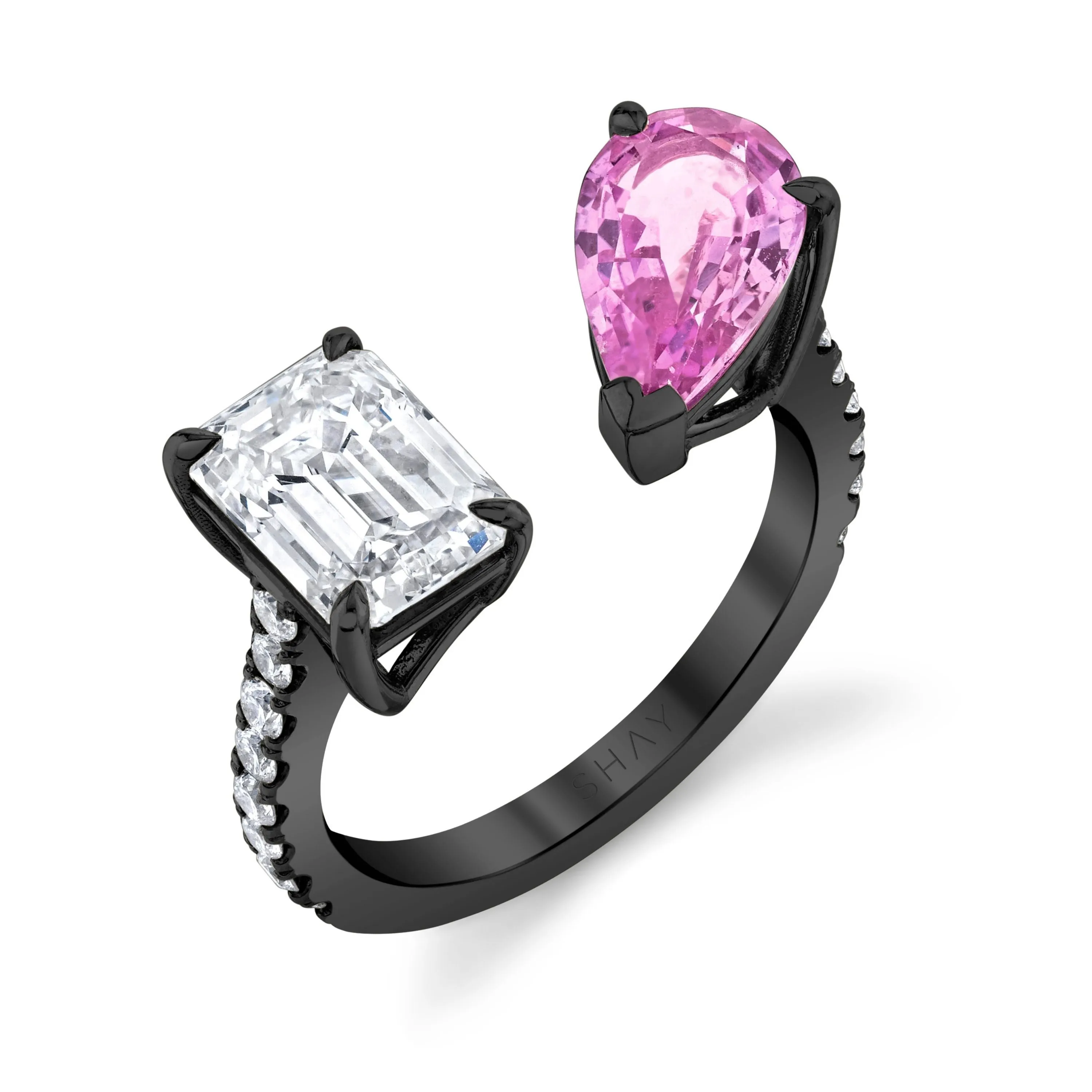 PINK SAPPHIRE PEAR & DIAMOND EMERALD TWIN RING