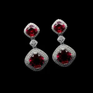 PREORDER | Cushion Red Ruby Dangling Gemstones Diamond Earrings 14kt