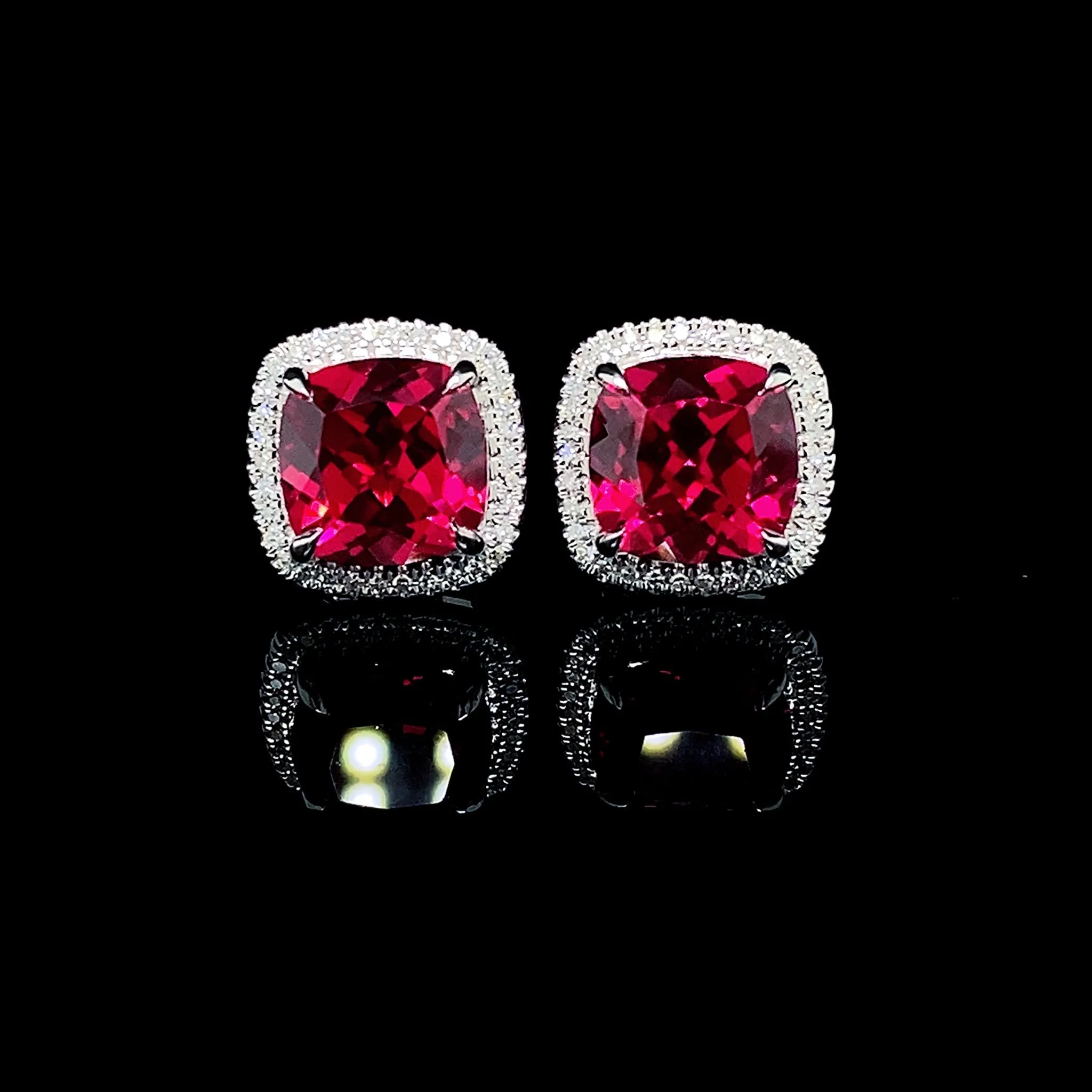 PREORDER | Red Ruby Cushion Stud Gemstones Diamond Earrings 14kt