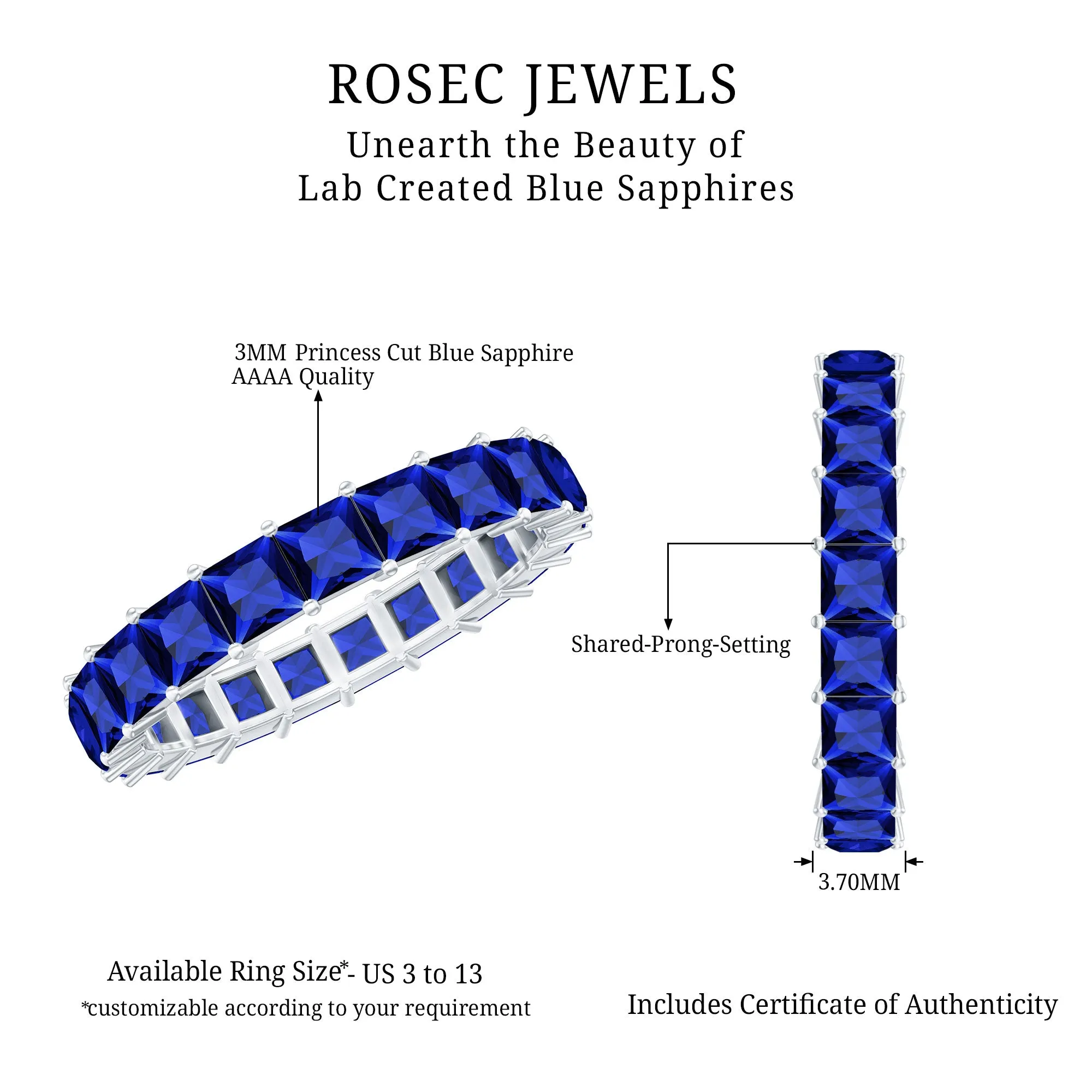 Princess Cut Lab Grown Blue Sapphire Full Eternity Band