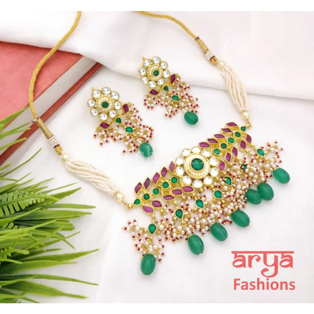 Rajwadi Pacchi Kundan Ruby Choker/ Emerald Choker