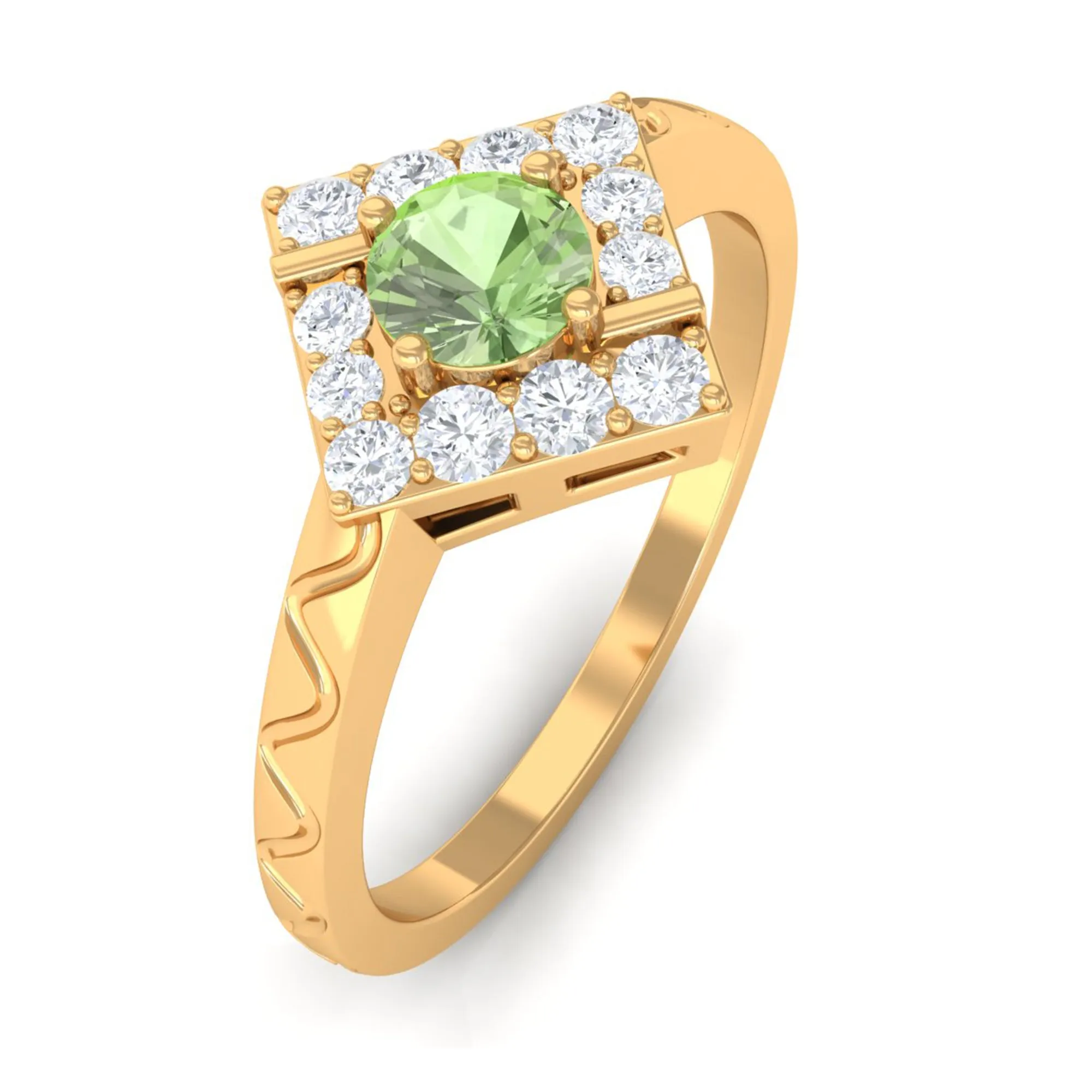 Real Green Sapphire and Diamond Ring with Textured Details