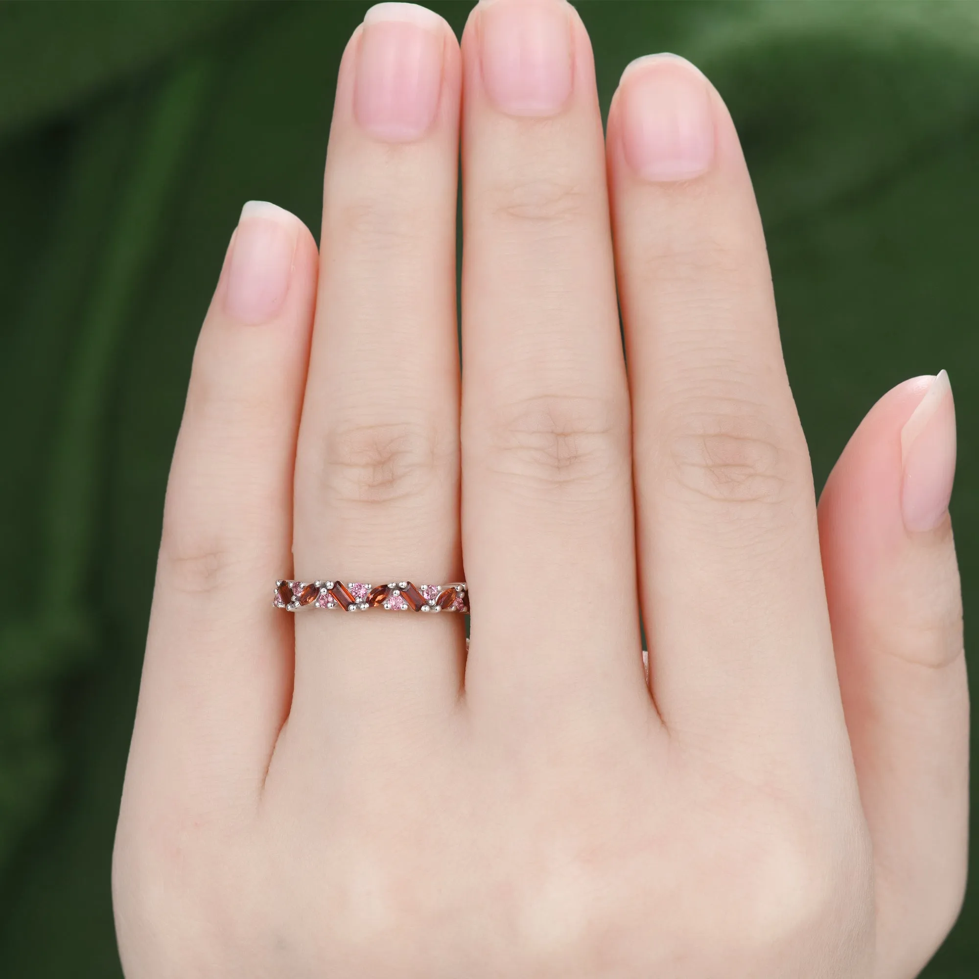 Red Garnet Cluster Wedding Band Pink Sapphire Stacking Ring for Women/Family