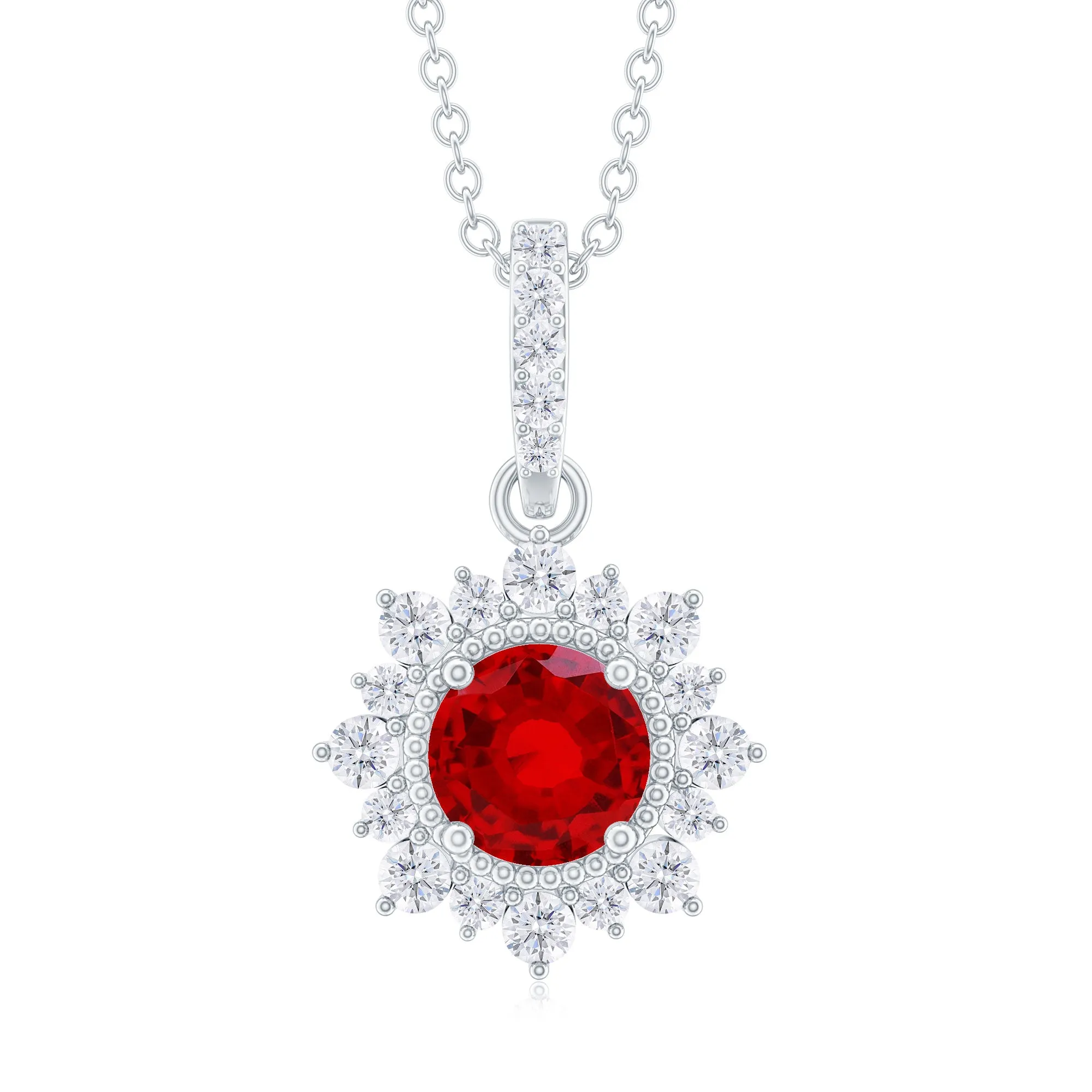 Round Created Ruby Halo Pendant with Diamond Accent Bail