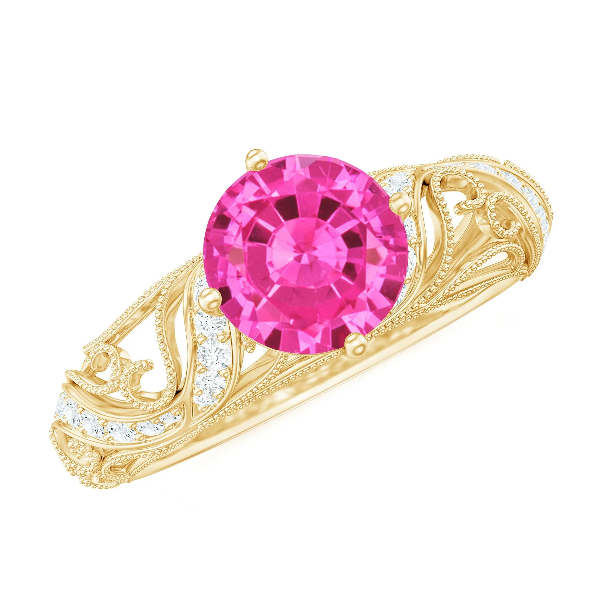 Round Shape Created Pink Sapphire and Diamond Milgrain Engagement Ring