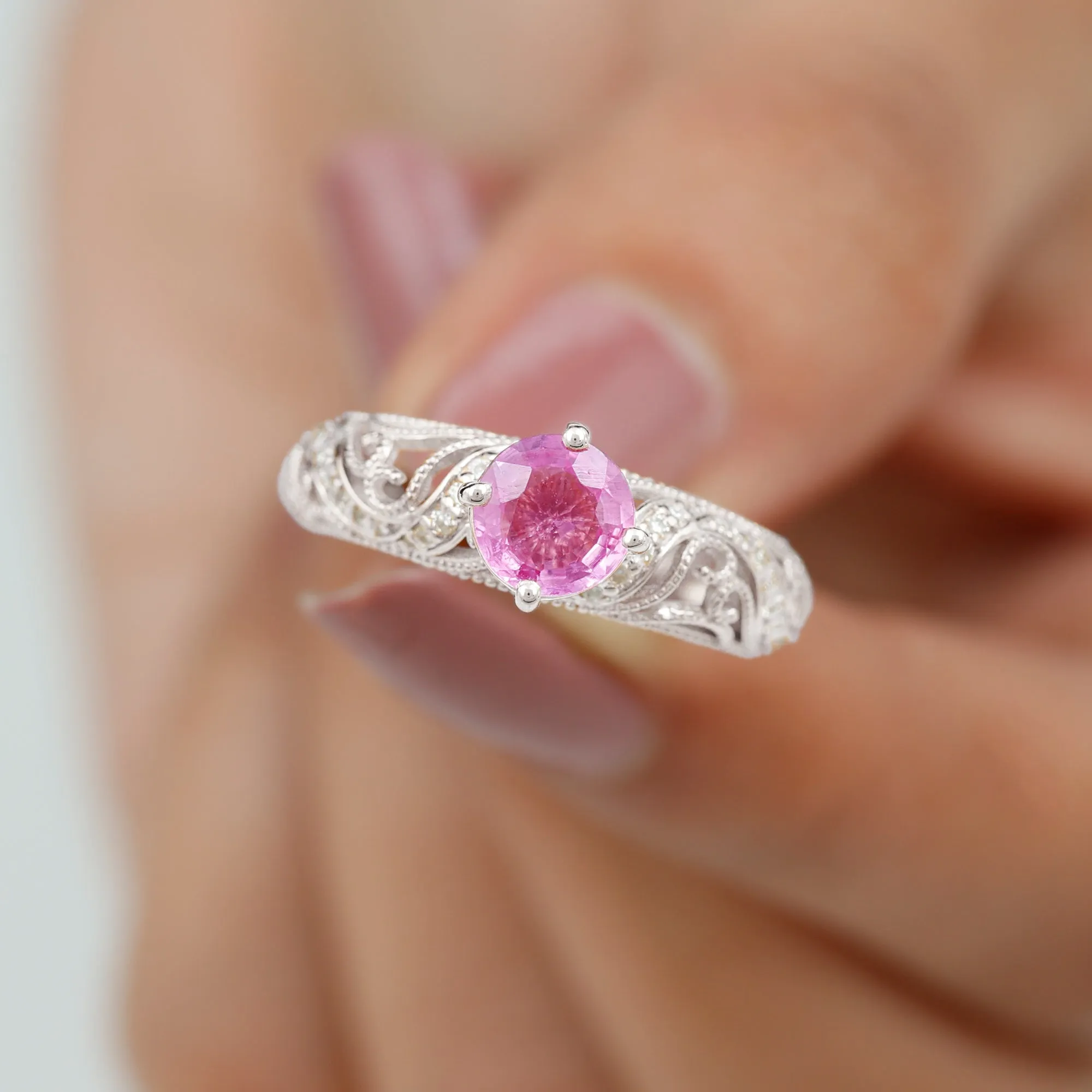 Round Shape Created Pink Sapphire and Diamond Milgrain Engagement Ring