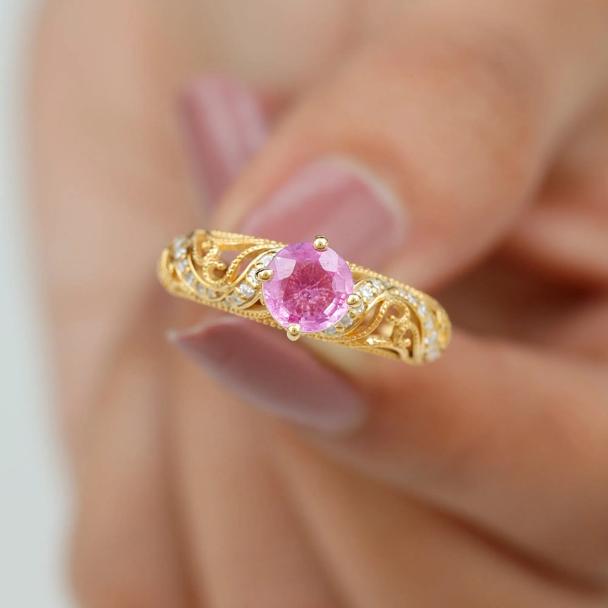 Round Shape Created Pink Sapphire and Diamond Milgrain Engagement Ring