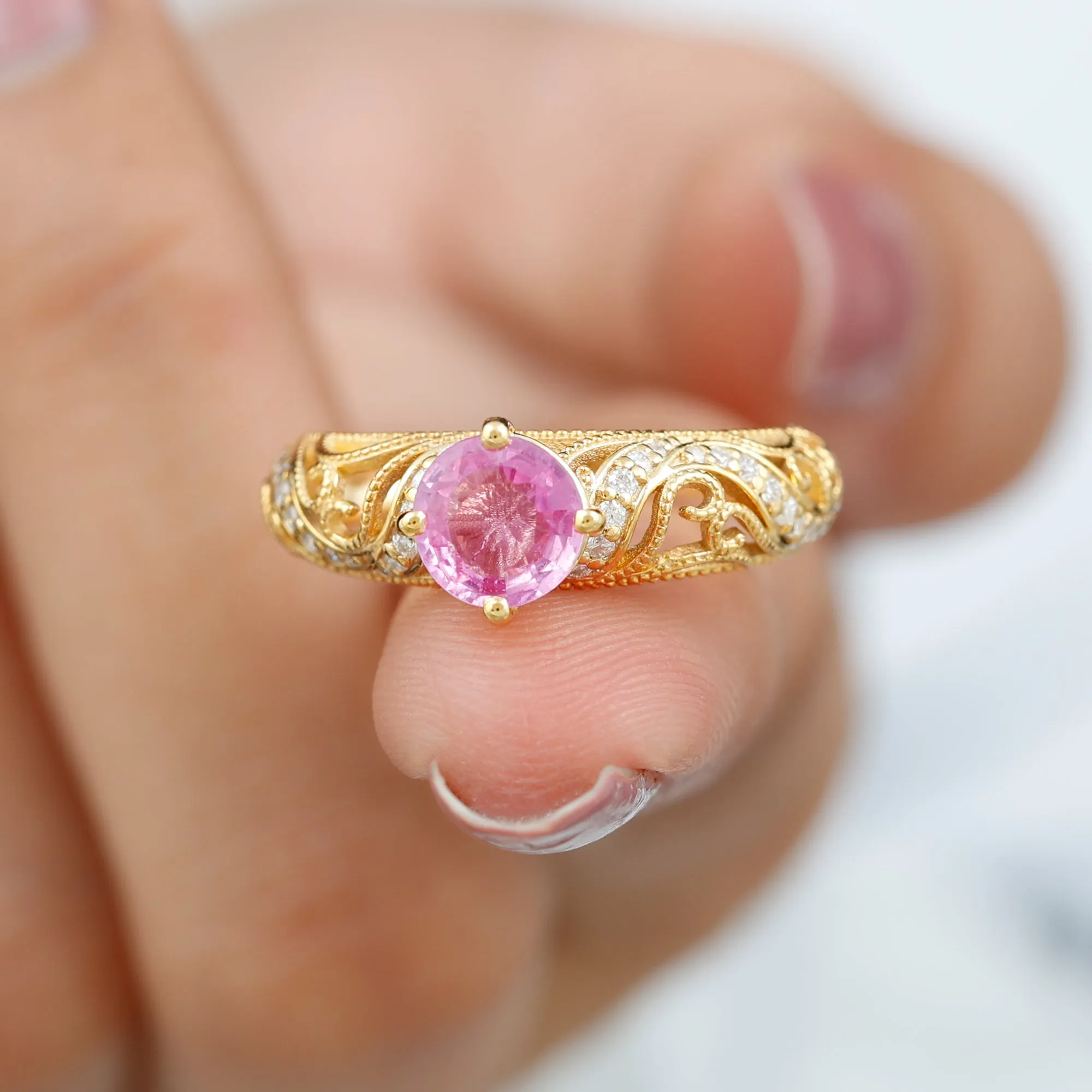 Round Shape Created Pink Sapphire and Diamond Milgrain Engagement Ring