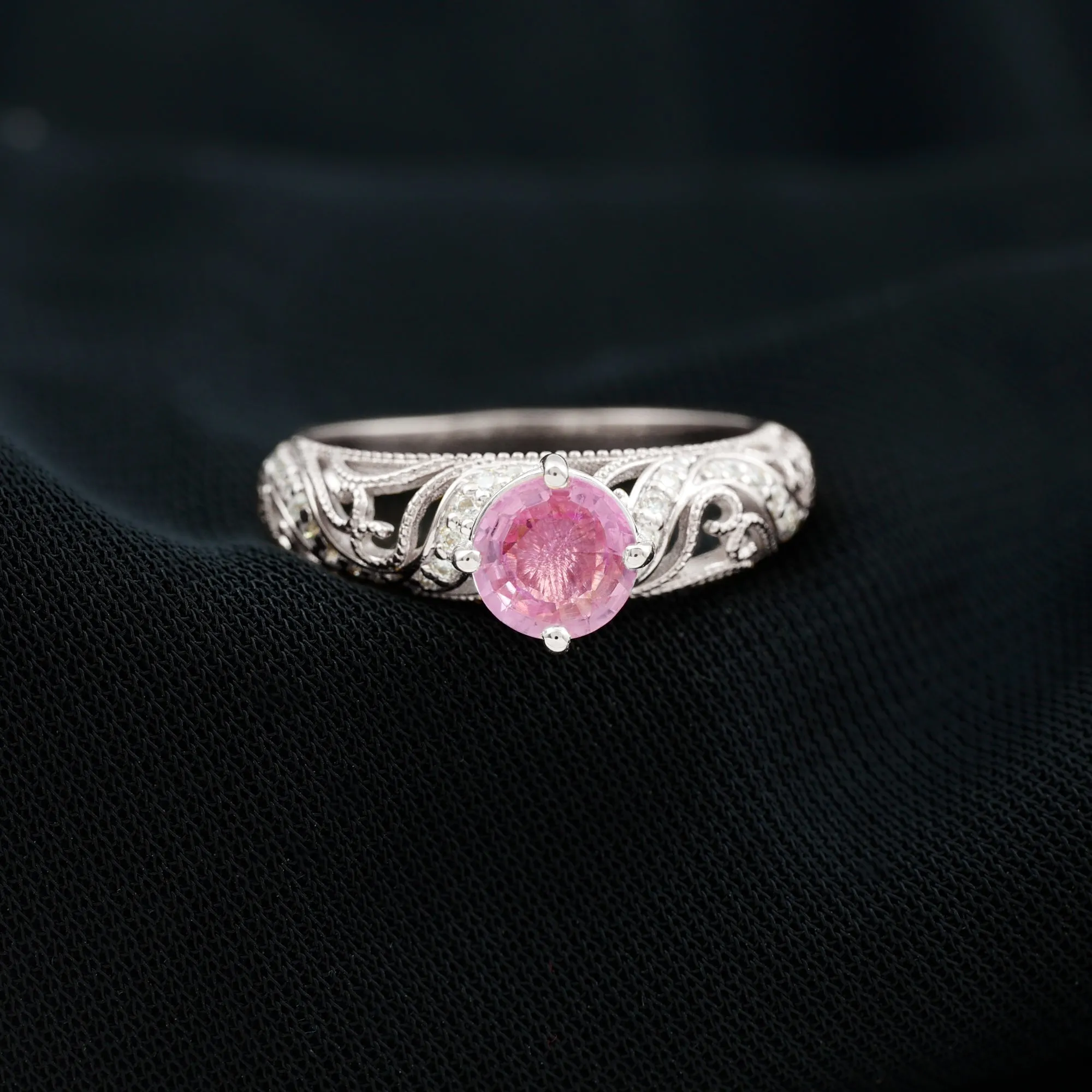 Round Shape Created Pink Sapphire and Diamond Milgrain Engagement Ring