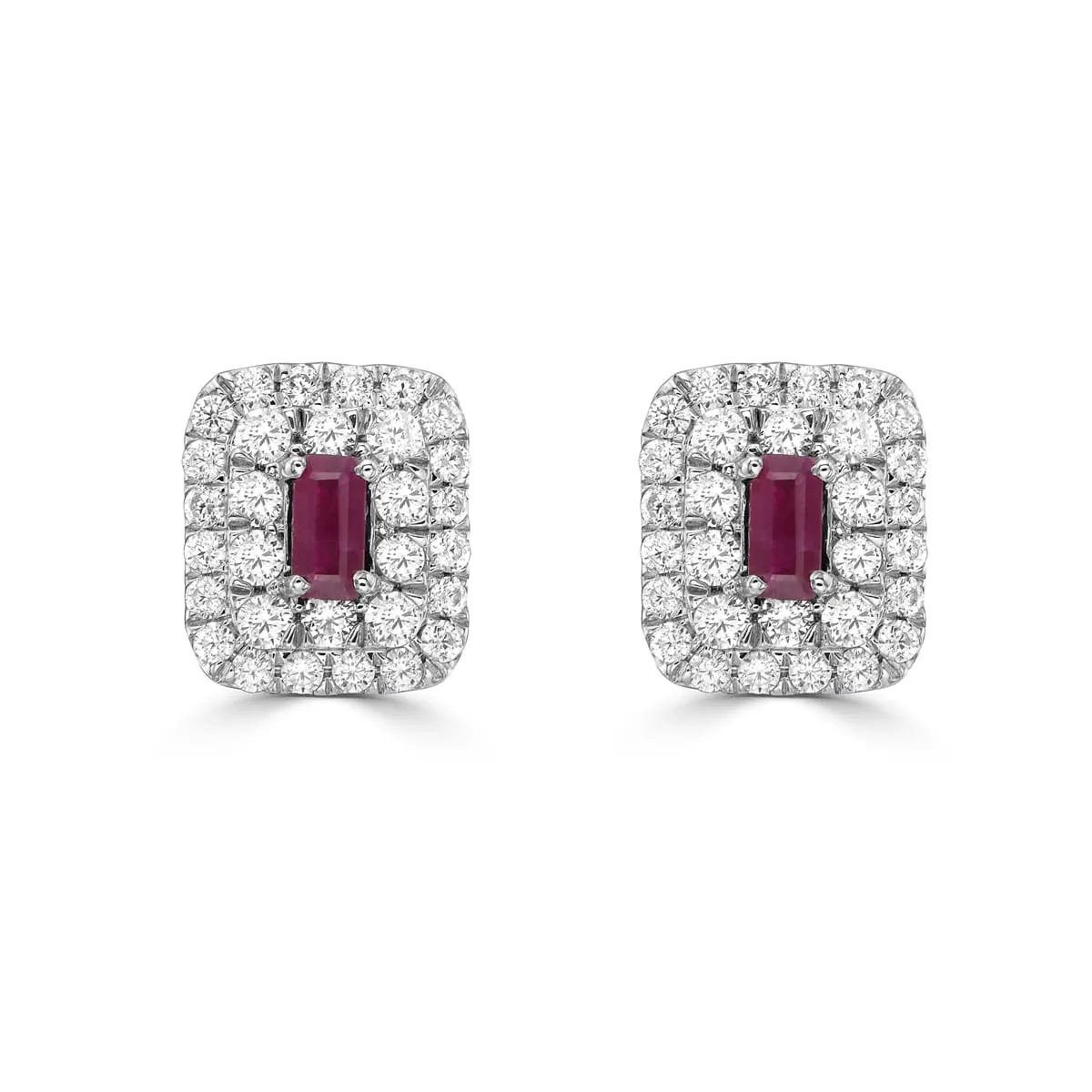 Ruby Baguette and Diamond Double Halo Stud Earrings