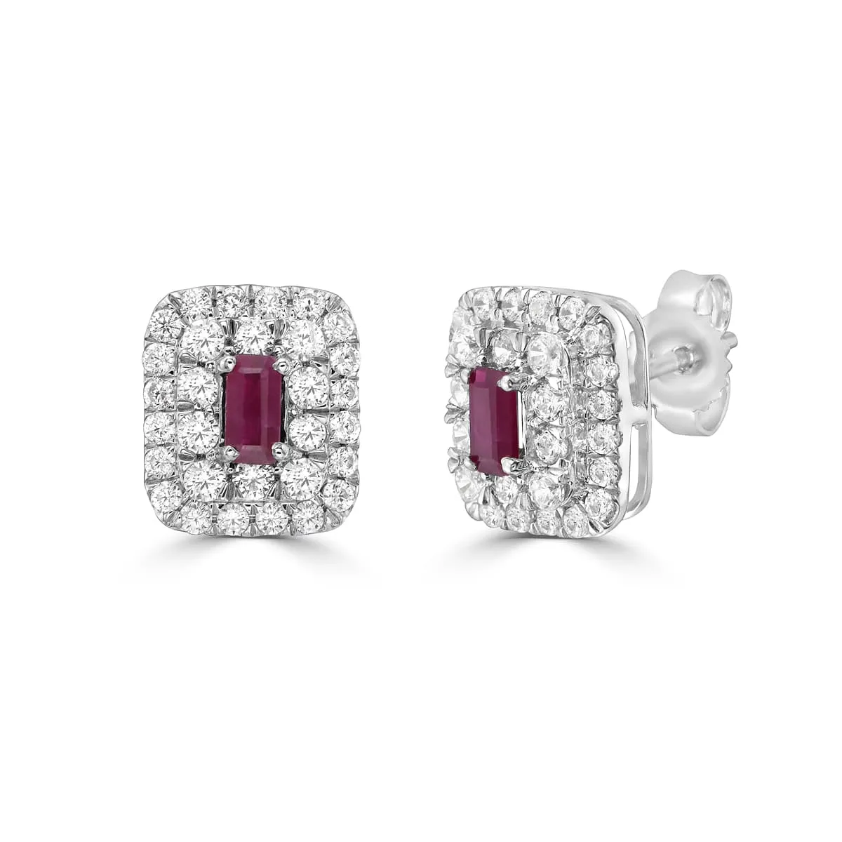 Ruby Baguette and Diamond Double Halo Stud Earrings