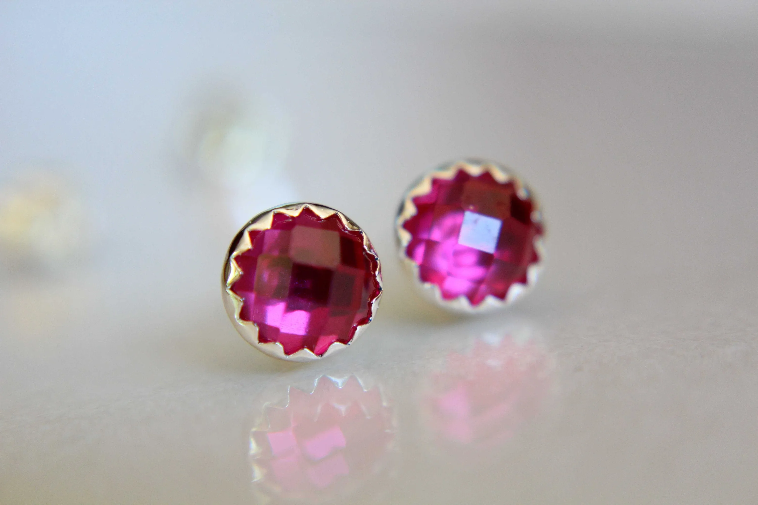 Ruby Earrings, Silver Studs, Checkerboard Ruby Earrings, Ruby Studs, Simple Earrings, Birthstone Earrings, Pink, Gemstone Earrings, Gift