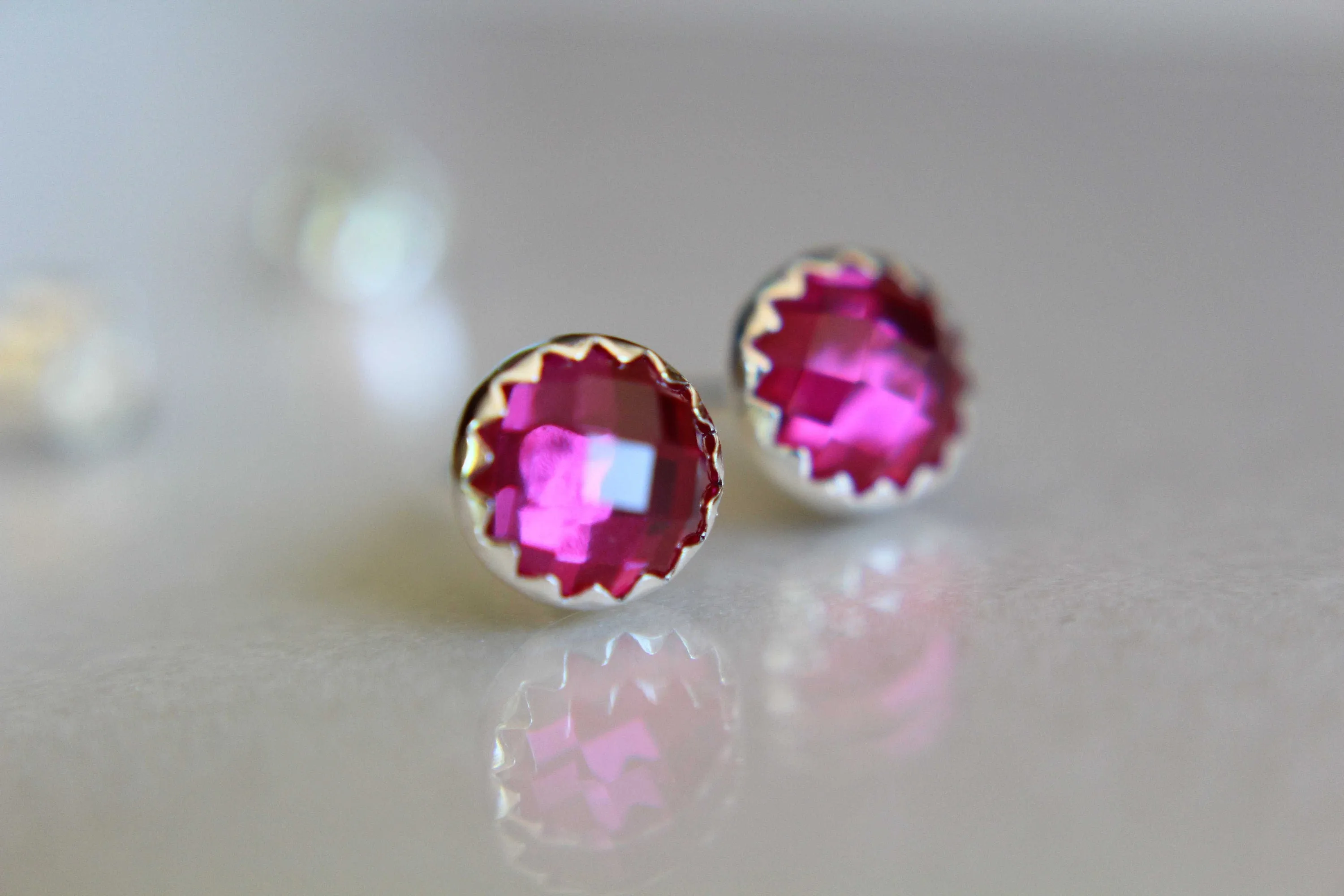 Ruby Earrings, Silver Studs, Checkerboard Ruby Earrings, Ruby Studs, Simple Earrings, Birthstone Earrings, Pink, Gemstone Earrings, Gift