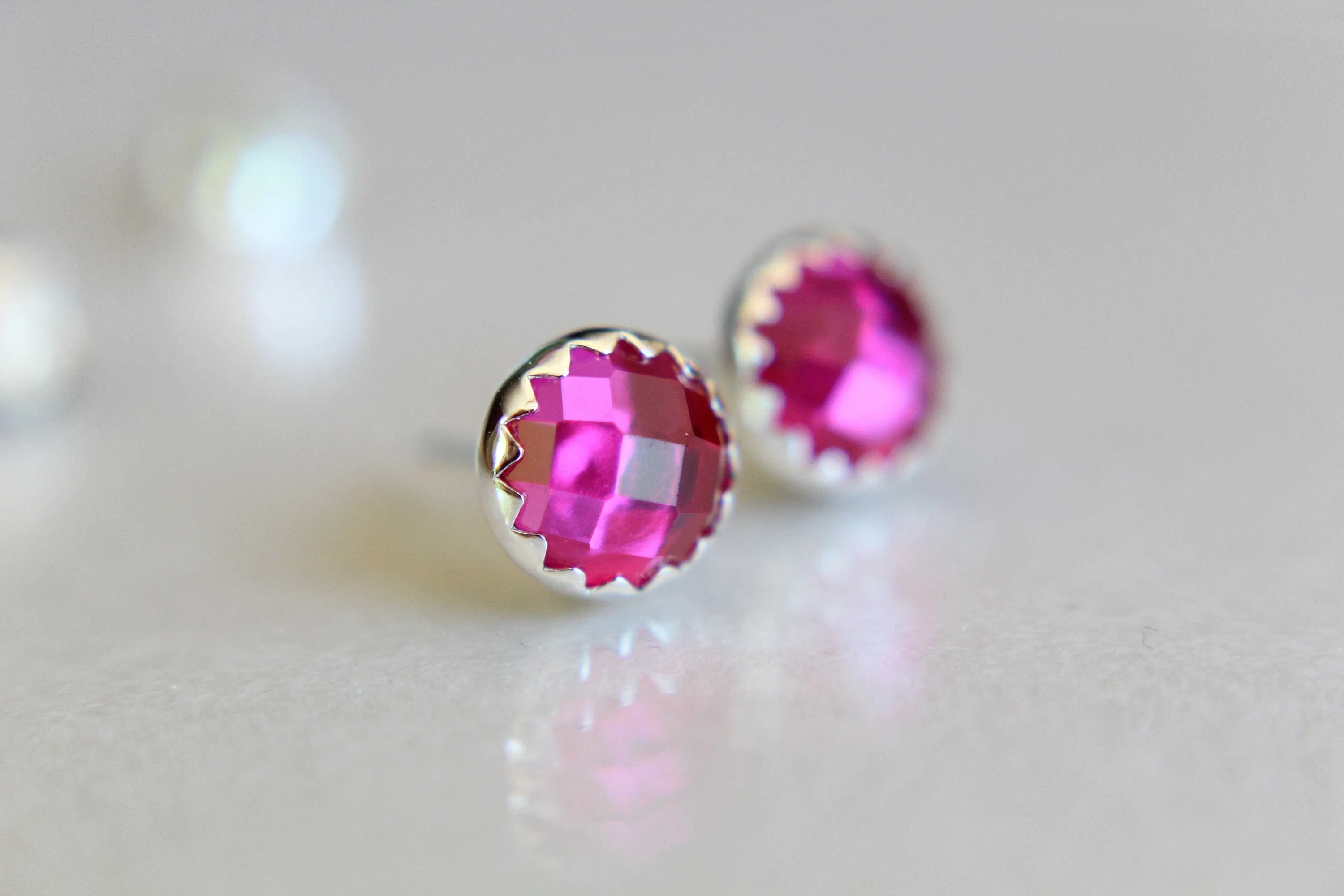 Ruby Earrings, Silver Studs, Checkerboard Ruby Earrings, Ruby Studs, Simple Earrings, Birthstone Earrings, Pink, Gemstone Earrings, Gift