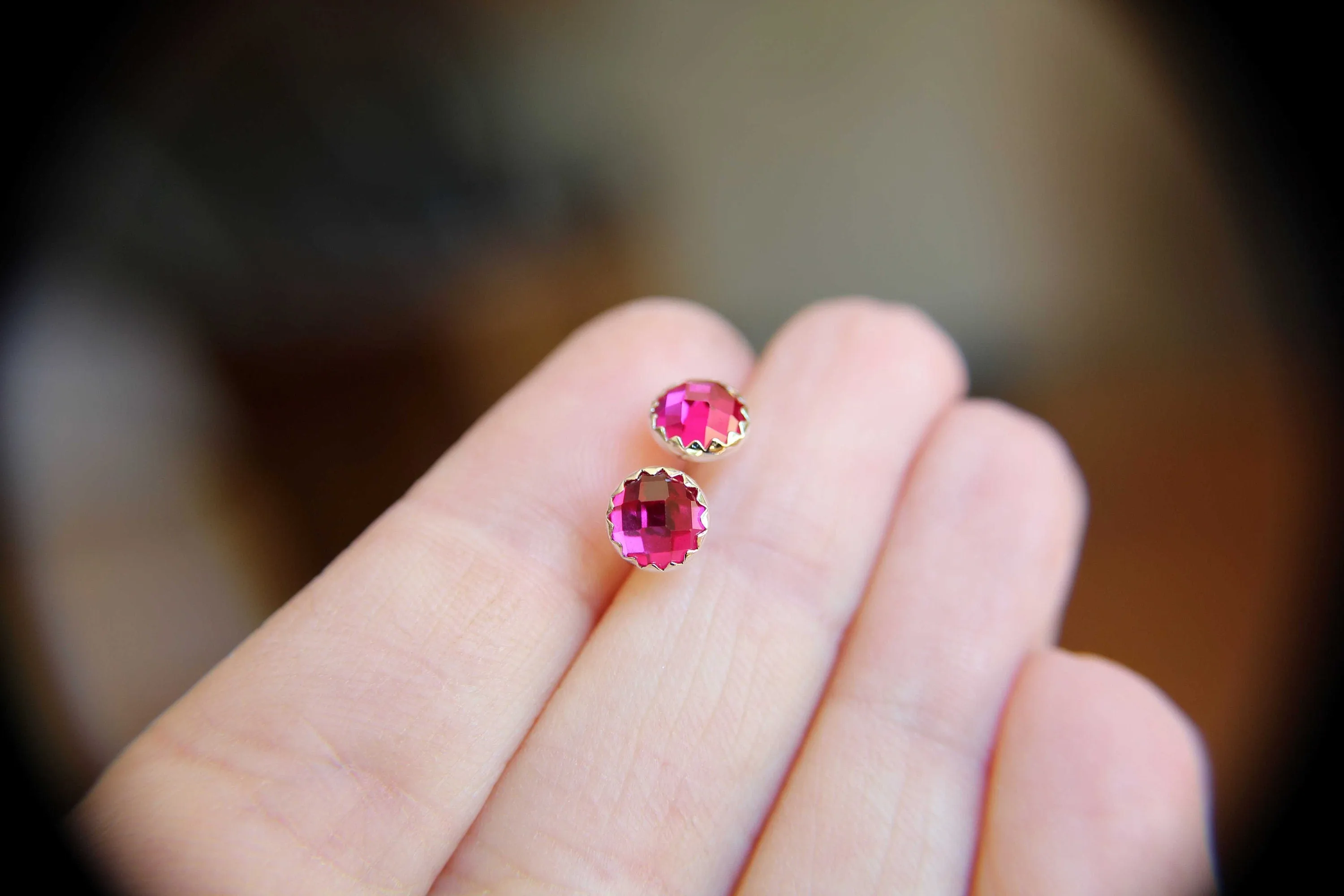 Ruby Earrings, Silver Studs, Checkerboard Ruby Earrings, Ruby Studs, Simple Earrings, Birthstone Earrings, Pink, Gemstone Earrings, Gift