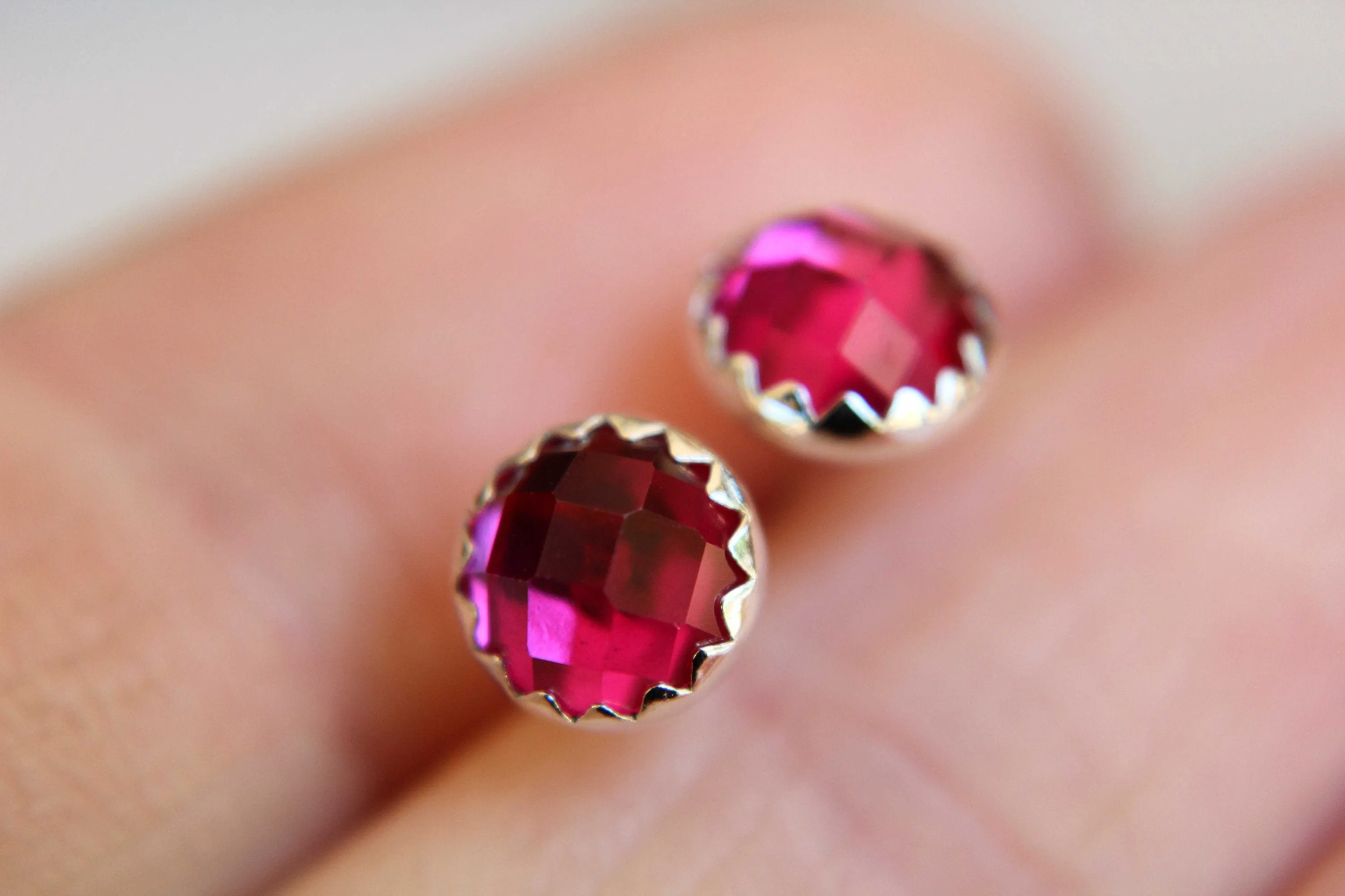 Ruby Earrings, Silver Studs, Checkerboard Ruby Earrings, Ruby Studs, Simple Earrings, Birthstone Earrings, Pink, Gemstone Earrings, Gift