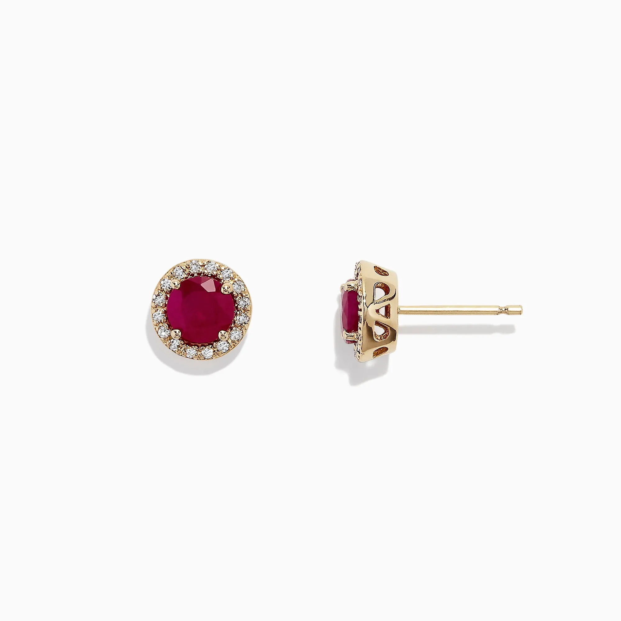 Ruby Royale 14K Yellow Gold Round Diamond Halo Ruby Stud Earrings, 1.27 TCW