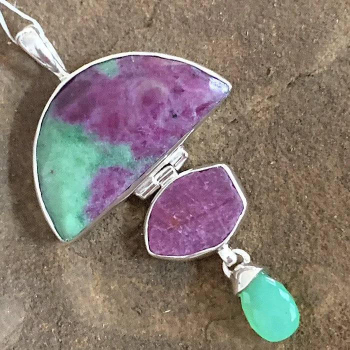 RUBY ZOISITE, RUBY, CHRYSOPRASE PENDANT