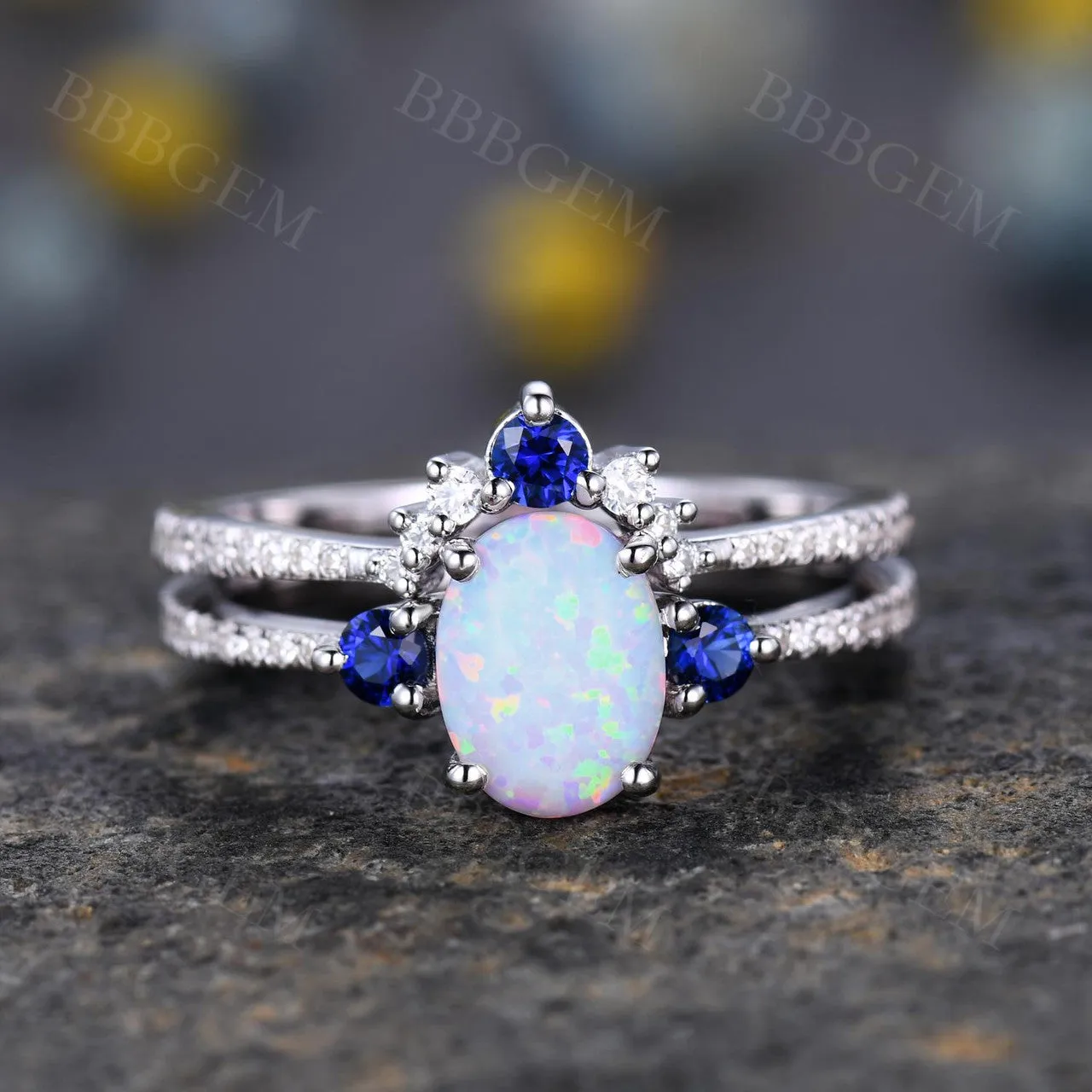 Sapphire Opal Bridal Set Antique Diamond Wedding Matching Band Women Engagement Ring Set