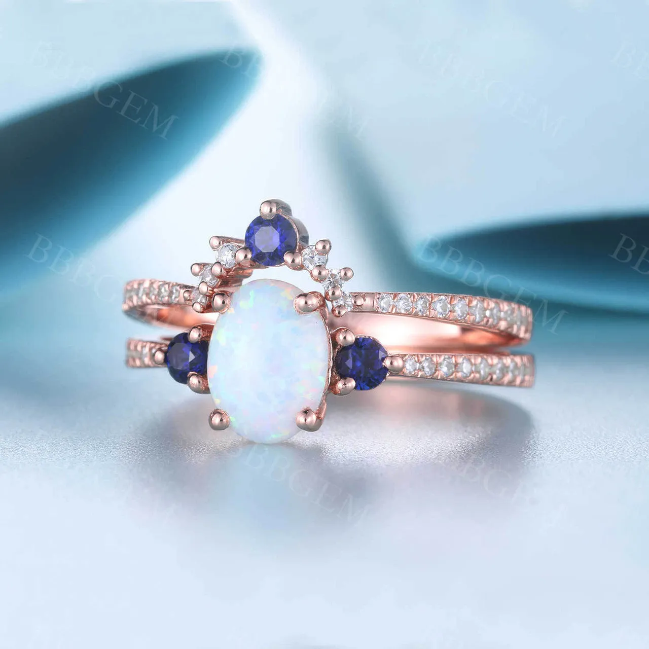 Sapphire Opal Bridal Set Antique Diamond Wedding Matching Band Women Engagement Ring Set