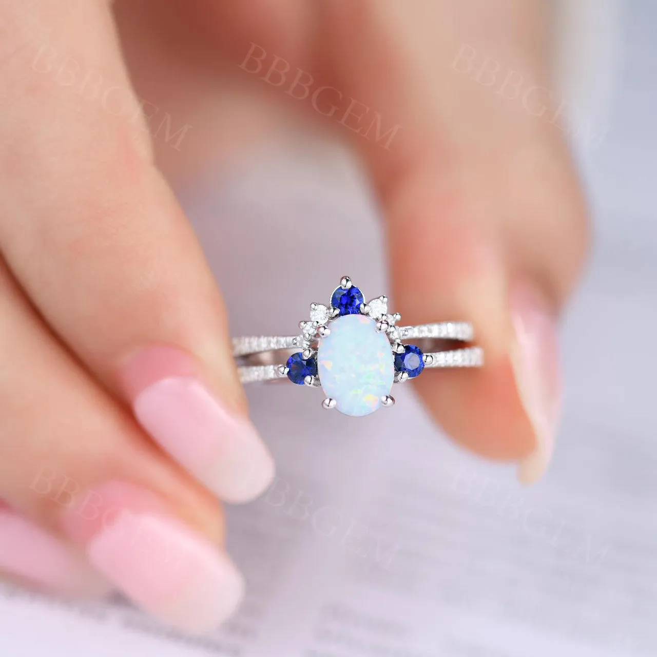 Sapphire Opal Bridal Set Antique Diamond Wedding Matching Band Women Engagement Ring Set