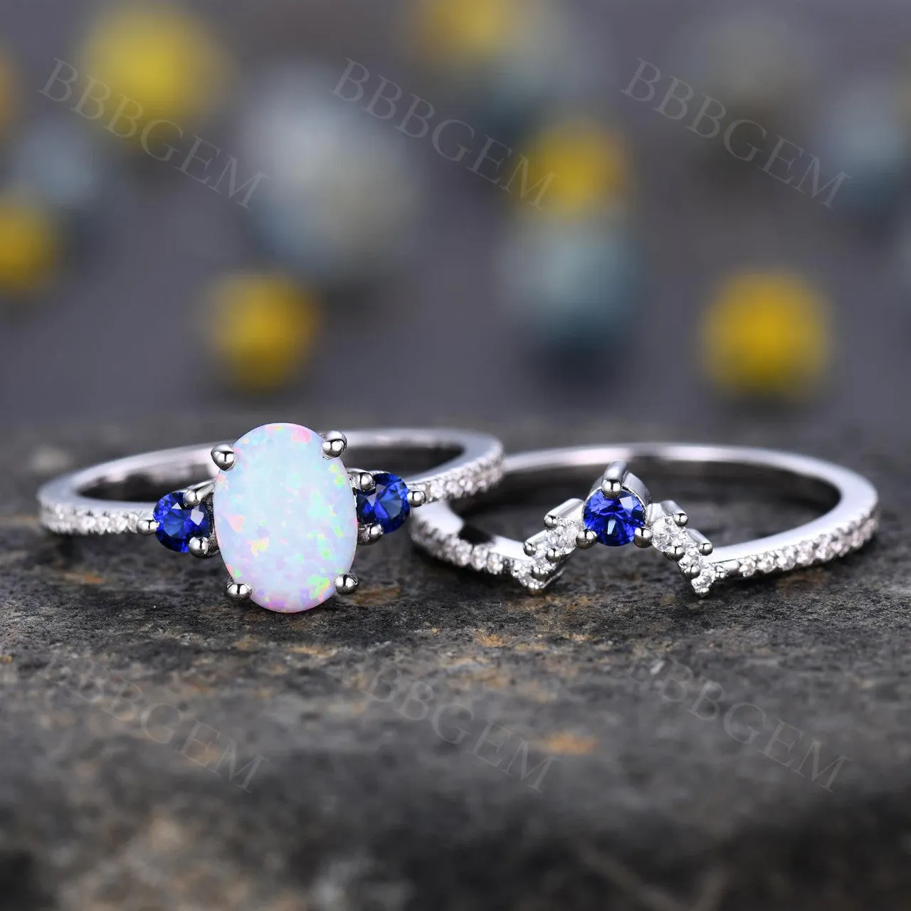 Sapphire Opal Bridal Set Antique Diamond Wedding Matching Band Women Engagement Ring Set