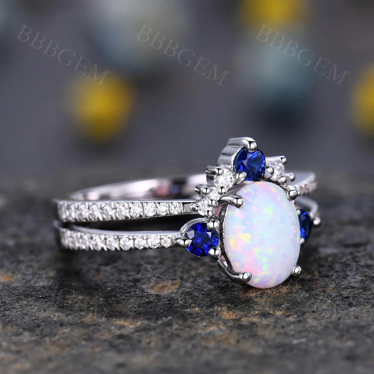 Sapphire Opal Bridal Set Antique Diamond Wedding Matching Band Women Engagement Ring Set