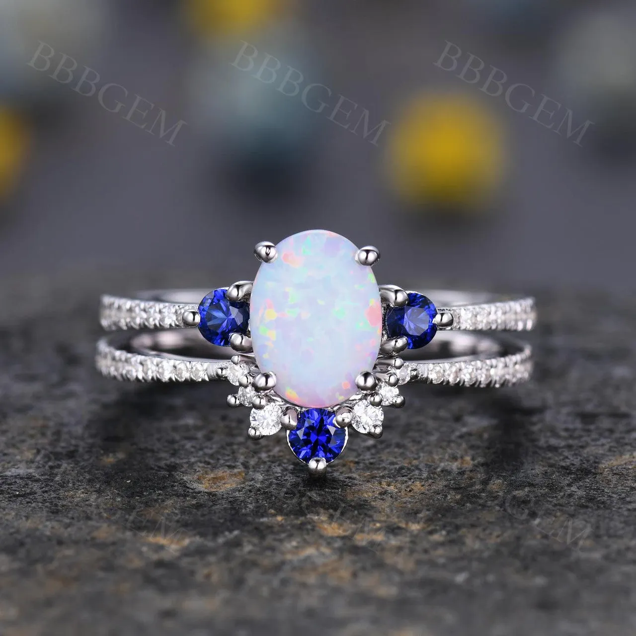 Sapphire Opal Bridal Set Antique Diamond Wedding Matching Band Women Engagement Ring Set