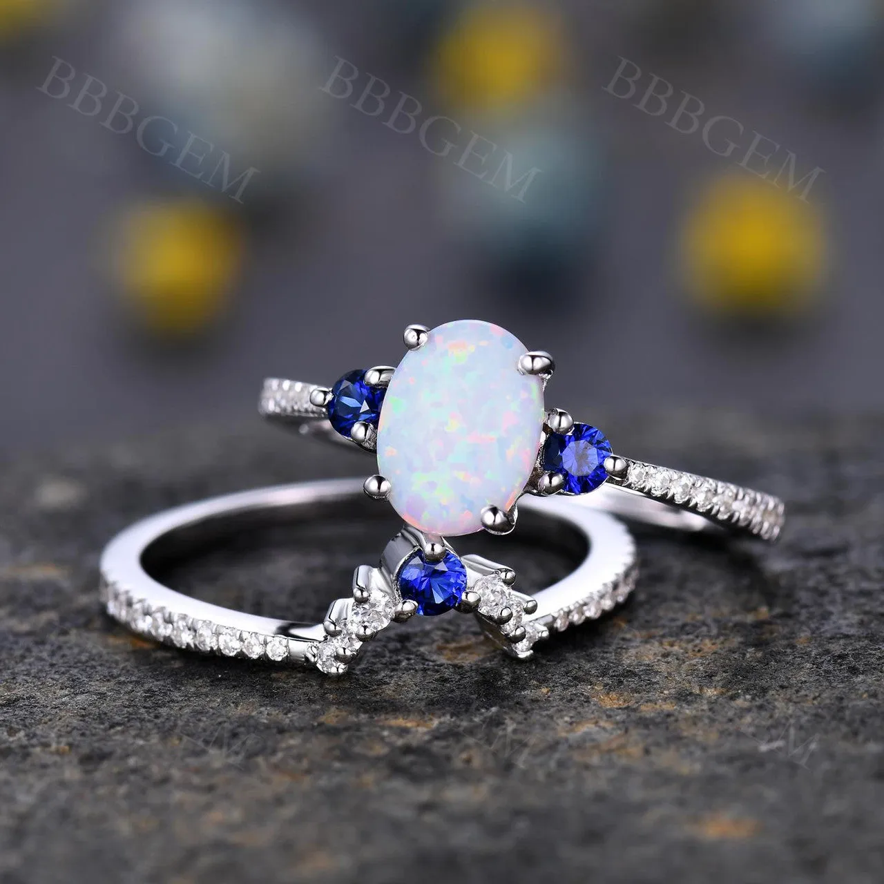 Sapphire Opal Bridal Set Antique Diamond Wedding Matching Band Women Engagement Ring Set